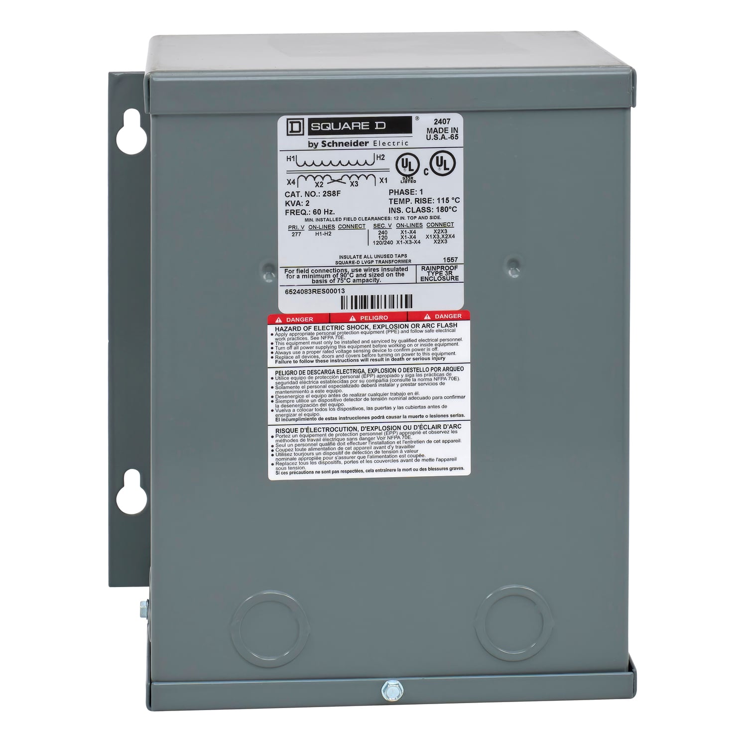 2S8F Dry Sealed Low Voltage Transformer, 277 V AC Primary, 120/240 VAC Secondary, 2 kVA Power Rating, 60 Hz, 1 Phase