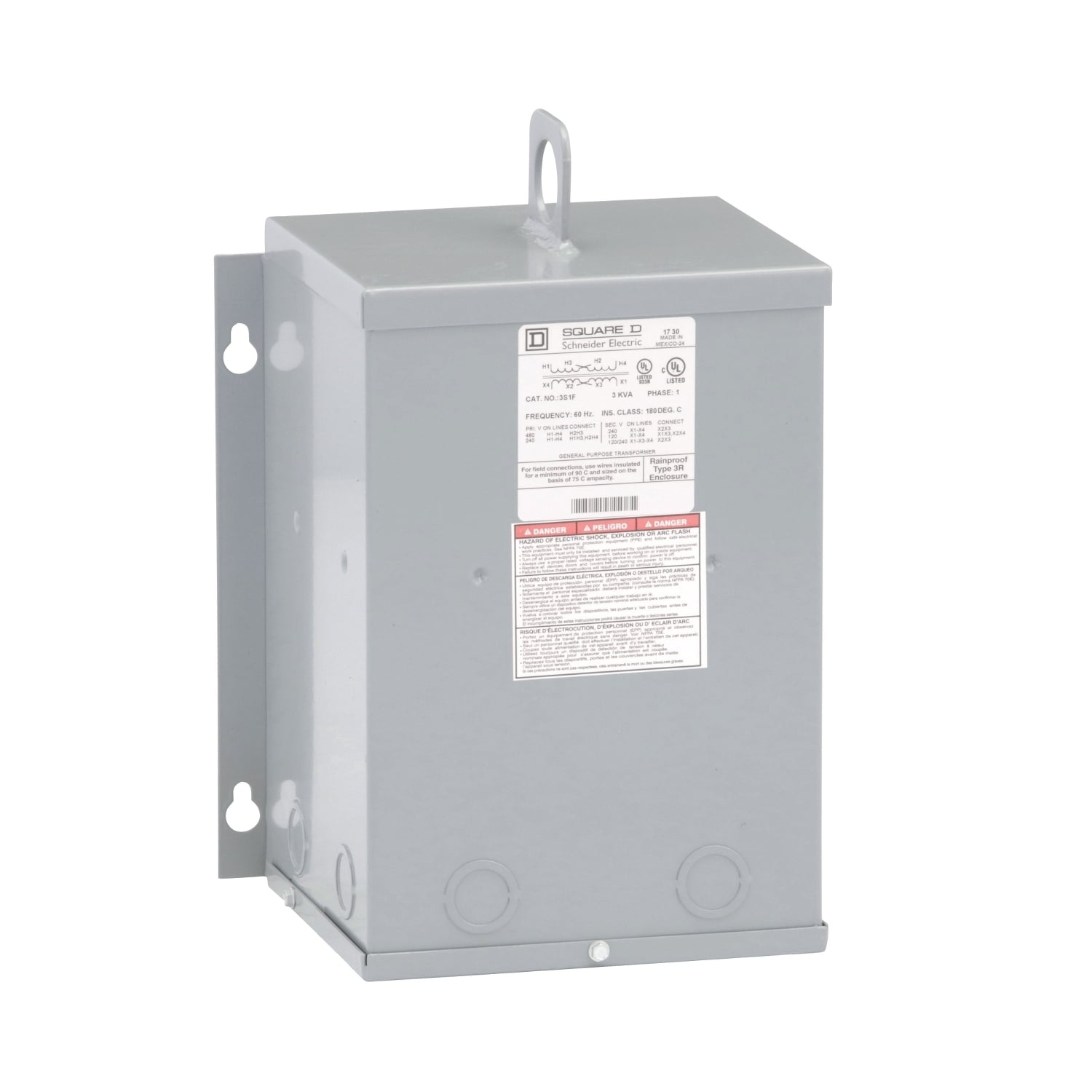 3S1F Distribution Dry Sealed Encapsulated Transformer, 240 x 480 V AC Primary, 120/240 VAC Secondary, 3 kVA Power Rating, 60 Hz, 1 Phase