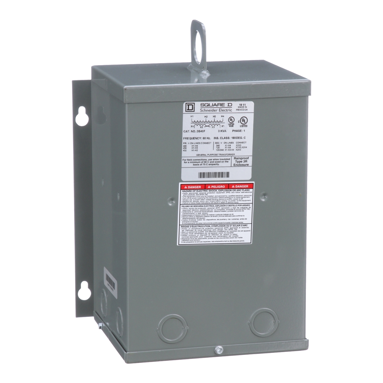 3S40F Dry Sealed Low Voltage Transformer, 480 V AC Primary, 120/240 VAC Secondary, 3 kVA Power Rating, 60 Hz, 1 Phase