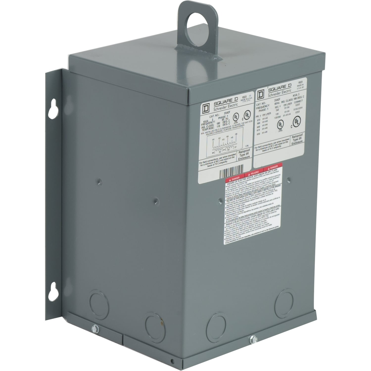 3S42F Dry Sealed Low Voltage Transformer, 600 V Primary, 120/240 V Secondary, 3 kVA Power Rating, 1 Phase
