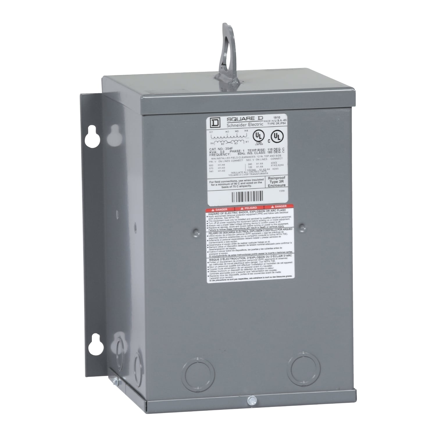 3S4F Dry Sealed Low Voltage Transformer, 600 V AC Primary, 120/240 VAC Secondary, 3 kVA Power Rating, 60 Hz, 1 Phase