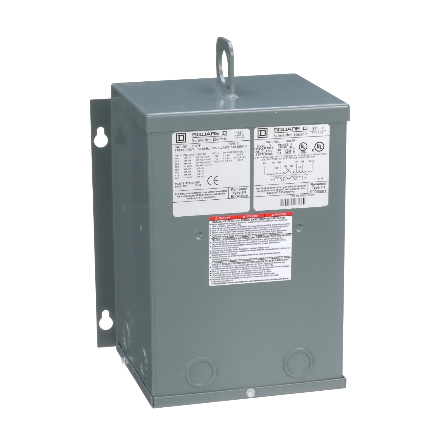3S67F Dry Sealed Energy Efficient Multi-Tap Transformer, 190/200/208/220/380/400/416/440 V AC Primary, 110/220 VAC Secondary, 3 kVA Power Rating, 50/60 Hz, 1 Phase