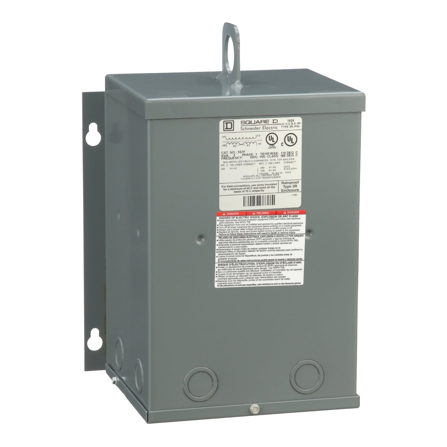 3S7F Dry General Purpose Sealed Transformer, 208 V AC Primary, 120/240 VAC Secondary, 3 kVA Power Rating, 60 Hz, 1 Phase
