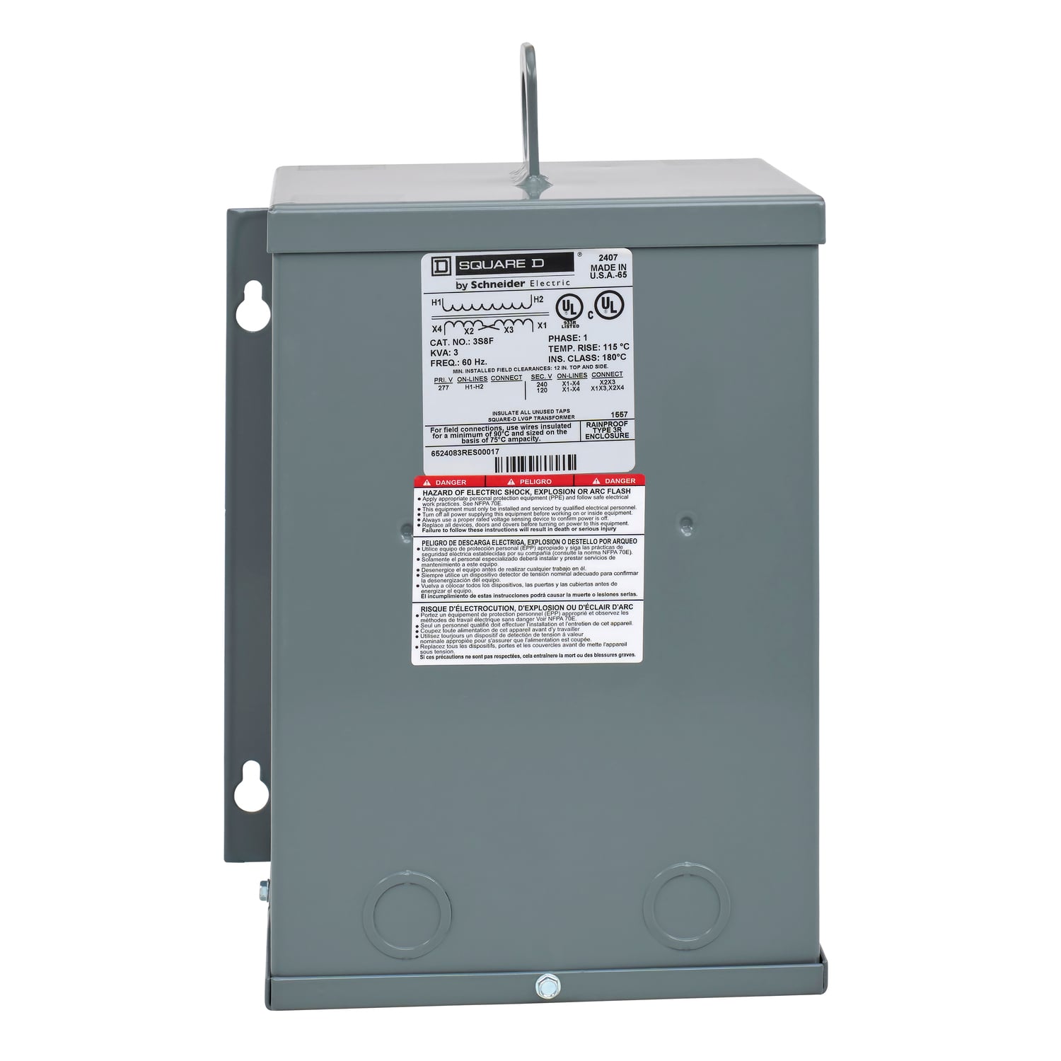 3S8F Dry Sealed Low Voltage Transformer, 277 V AC Primary, 120/240 VAC Secondary, 3 kVA Power Rating, 60 Hz, 1 Phase