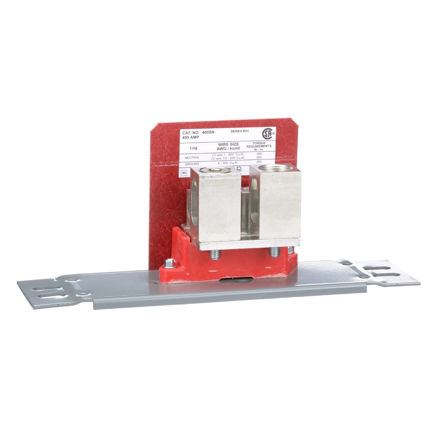 400SN Insulated Standard Solid Neutral Bar, For Use With 400 A NEMA 1/3R L, Q4 Frame Circuit Breaker, 1 AWG to 250 kcmil, 1 AWG to 600 kcmil Al/Cu Wire, NEMA 1/3R