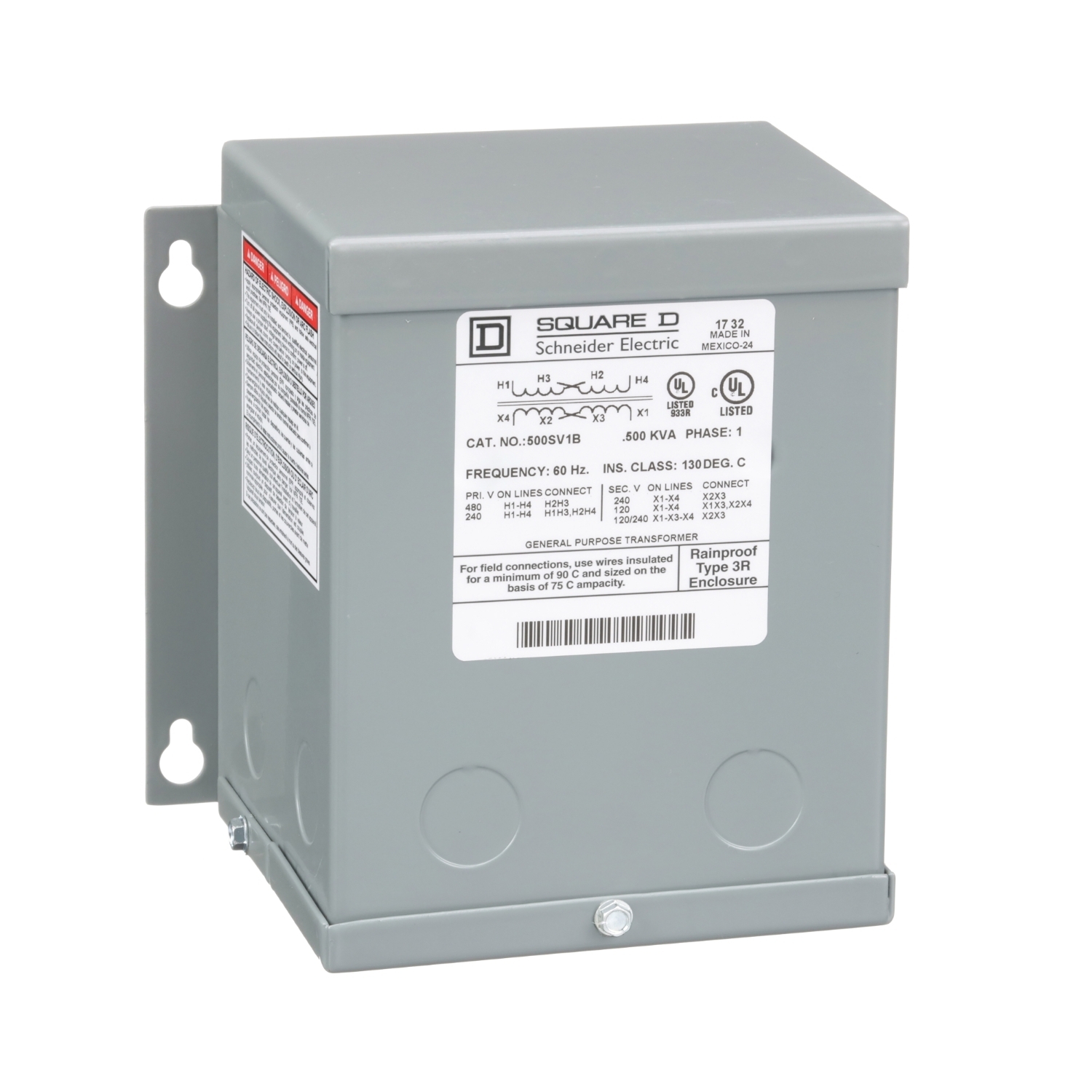 500SV1B XFMR Distribution Dry Sealed Encapsulated Resin Sealed Transformer, 240 x 480 V AC Primary, 120/240 VAC Secondary, 0.5 kVA Power Rating, 60 Hz, 1 Phase