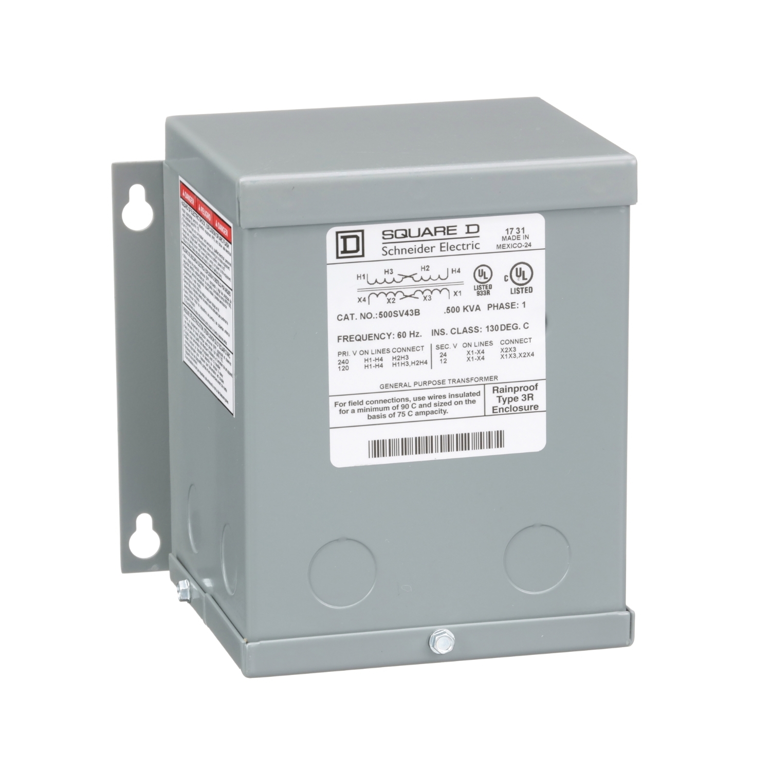 500SV43B Dry Type Buck and Boost Transformer, 120/240 V AC Primary, 12/24 VAC Secondary, 0.5 kVA Power Rating, 60 Hz, 1 Phase