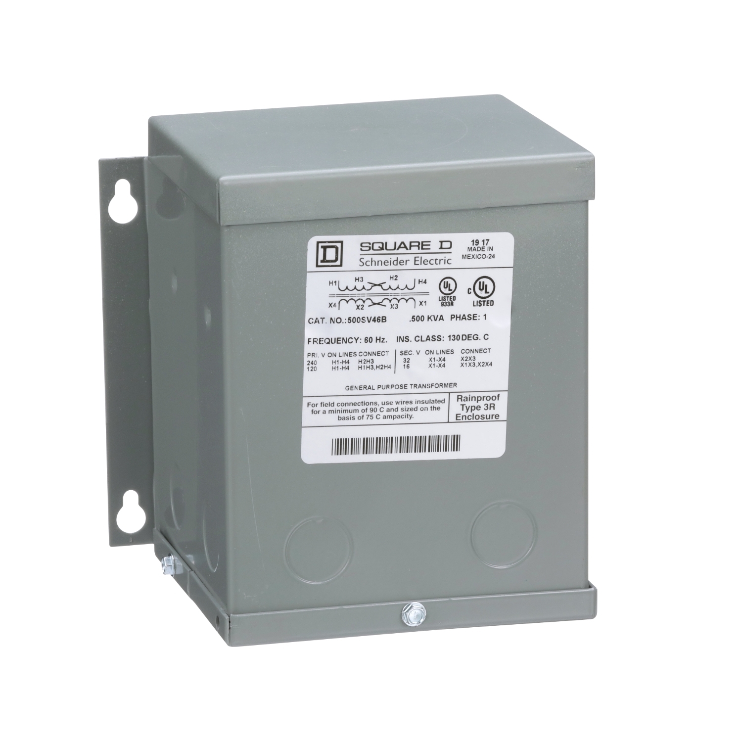 500SV46B Dry Buck And Boost Transformer, 120/240 V AC Primary, 16/32 VAC Secondary, 0.5 kVA Power Rating, 60 Hz, 1 Phase