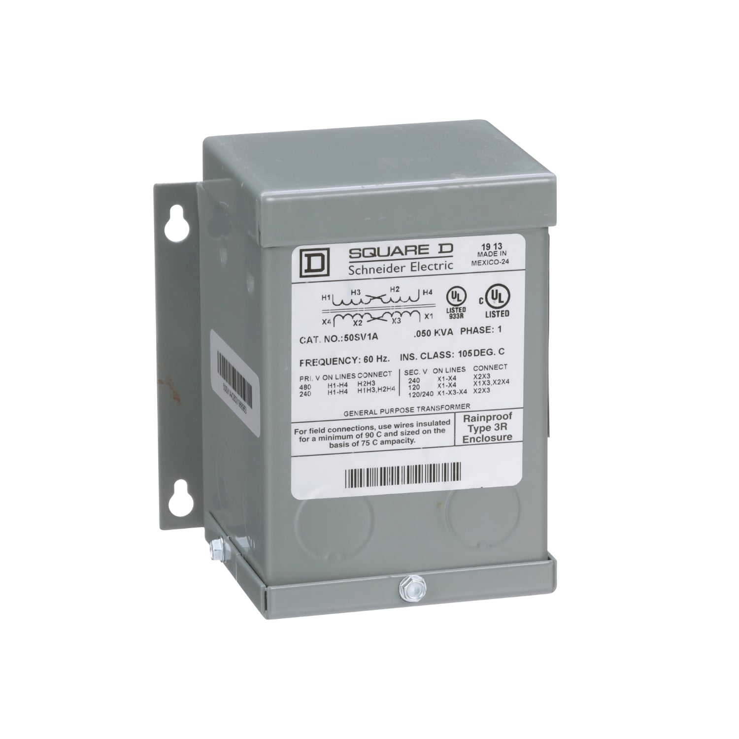 50SV1A Dry Sealed Encapsulated General Purpose Transformer, 240/480 V AC Primary, 120/240 VAC Secondary, 0.05 kVA Power Rating, 60 Hz, 1 Phase