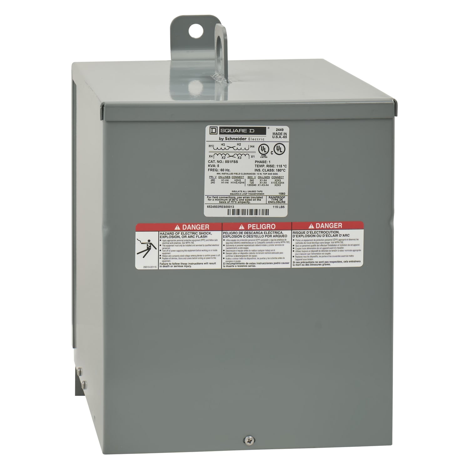 5S1FSS Dry Sealed Low Voltage Transformer, 240/480 V AC Primary, 120/240 VAC Secondary, 5 kVA Power Rating, 60 Hz, 1 Phase