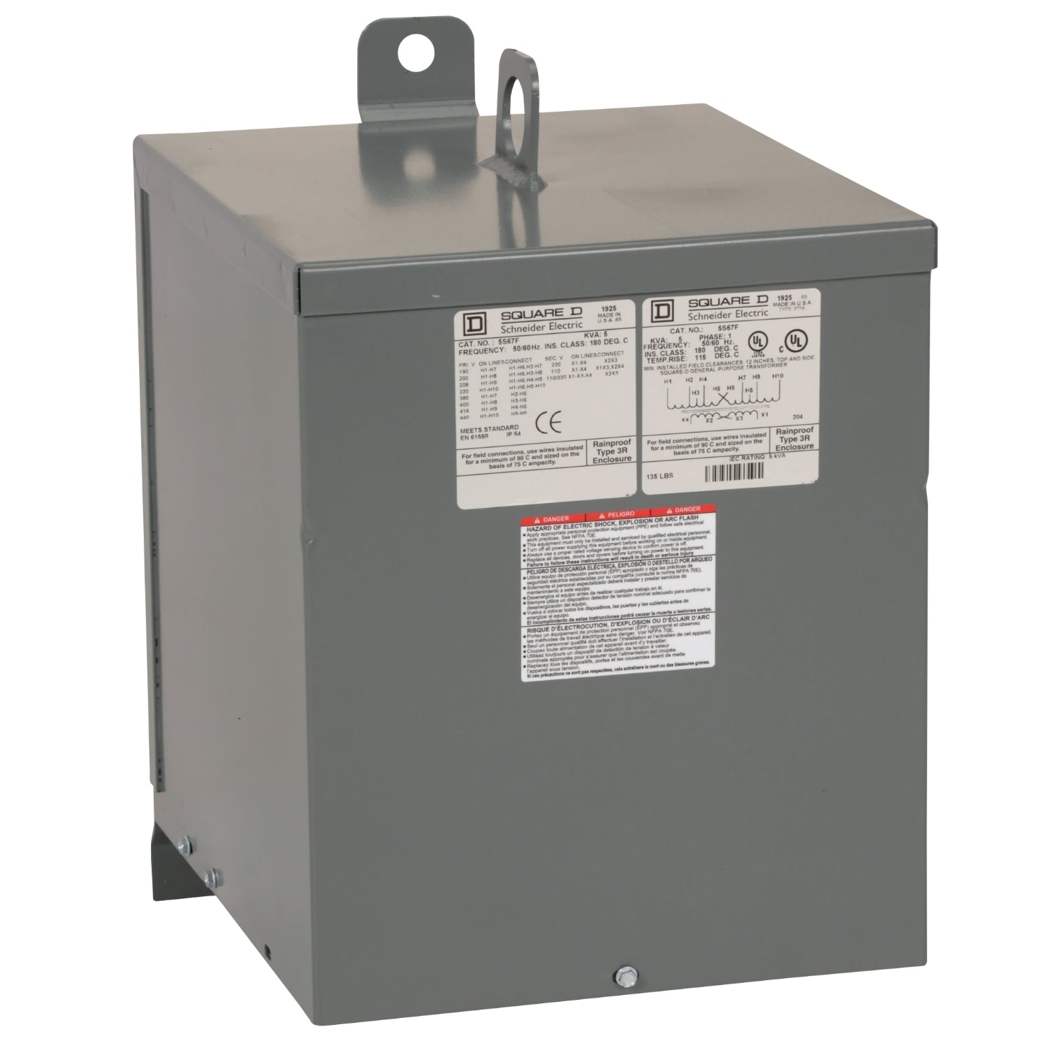 5S67F Dry Sealed Low Voltage Transformer, 190/200/208/220 x 380/400/416/440 V AC Primary, 110/220 VAC Secondary, 5 kVA Power Rating, 50/60 Hz, 1 Phase