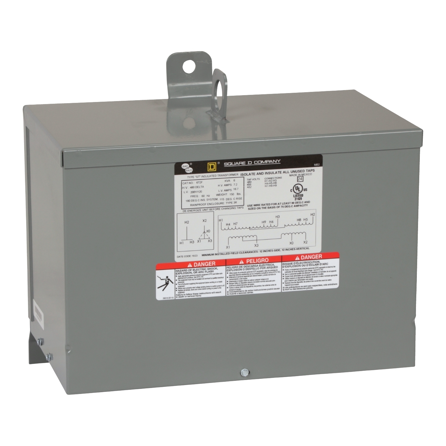 6T2F Dry Sealed Low Voltage Transformer, 480 Delta V AC Primary, 208Y/120 VAC Secondary, 6 kVA Power Rating, 60 Hz, 3 Phase