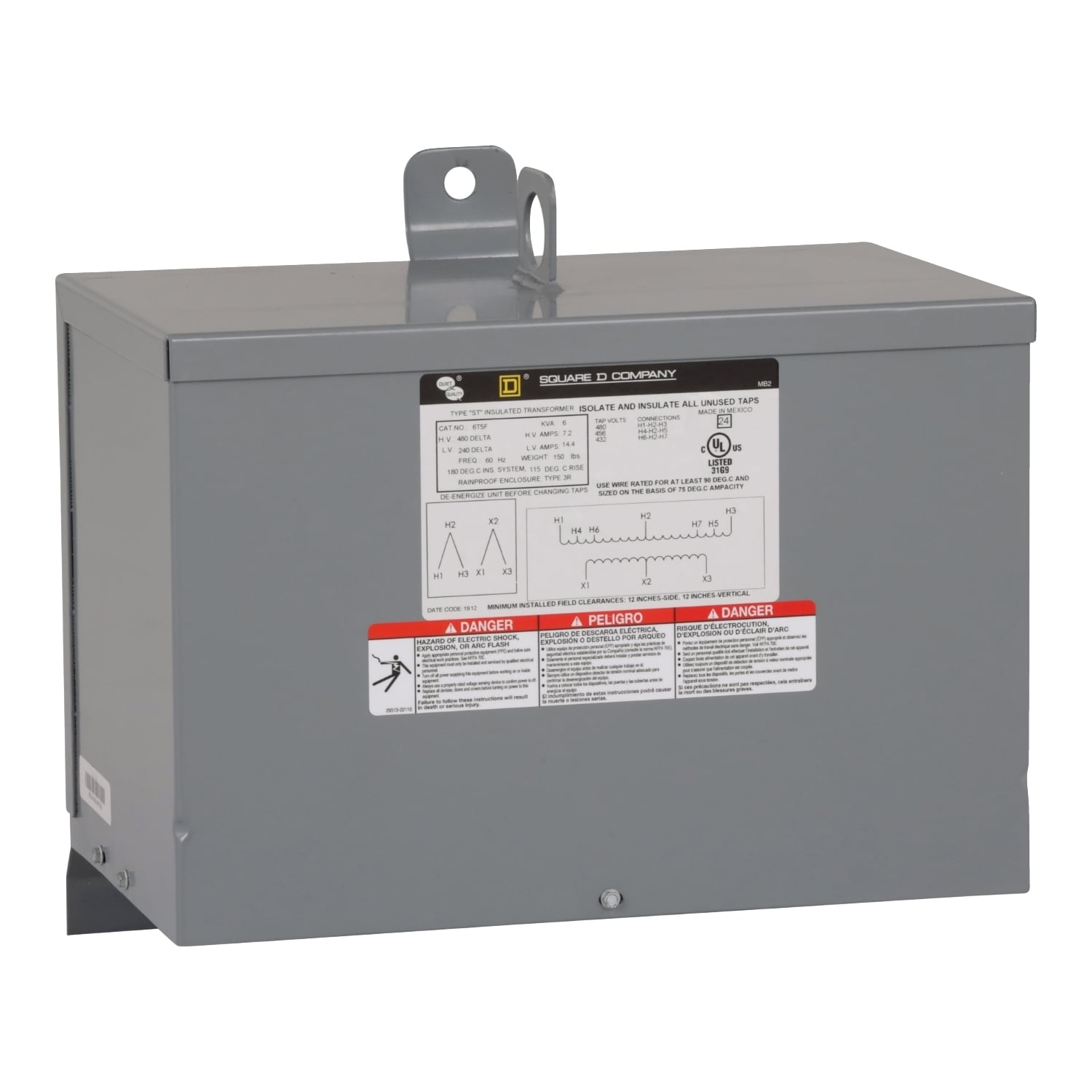 6T5F Dry Sealed General Purpose Transformer, 480 Delta V AC Primary, 240 Delta VAC Secondary, 6 kVA Power Rating, 60 Hz, 3 Phase