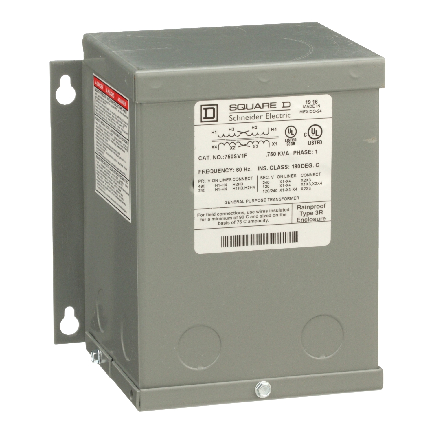 750SV1F XFMR Dry Sealed Encapsulated Resin Sealed Transformer, 240 x 480 V AC Primary, 120/240 VAC Secondary, 0.75 kVA Power Rating, 60 Hz, 1 Phase