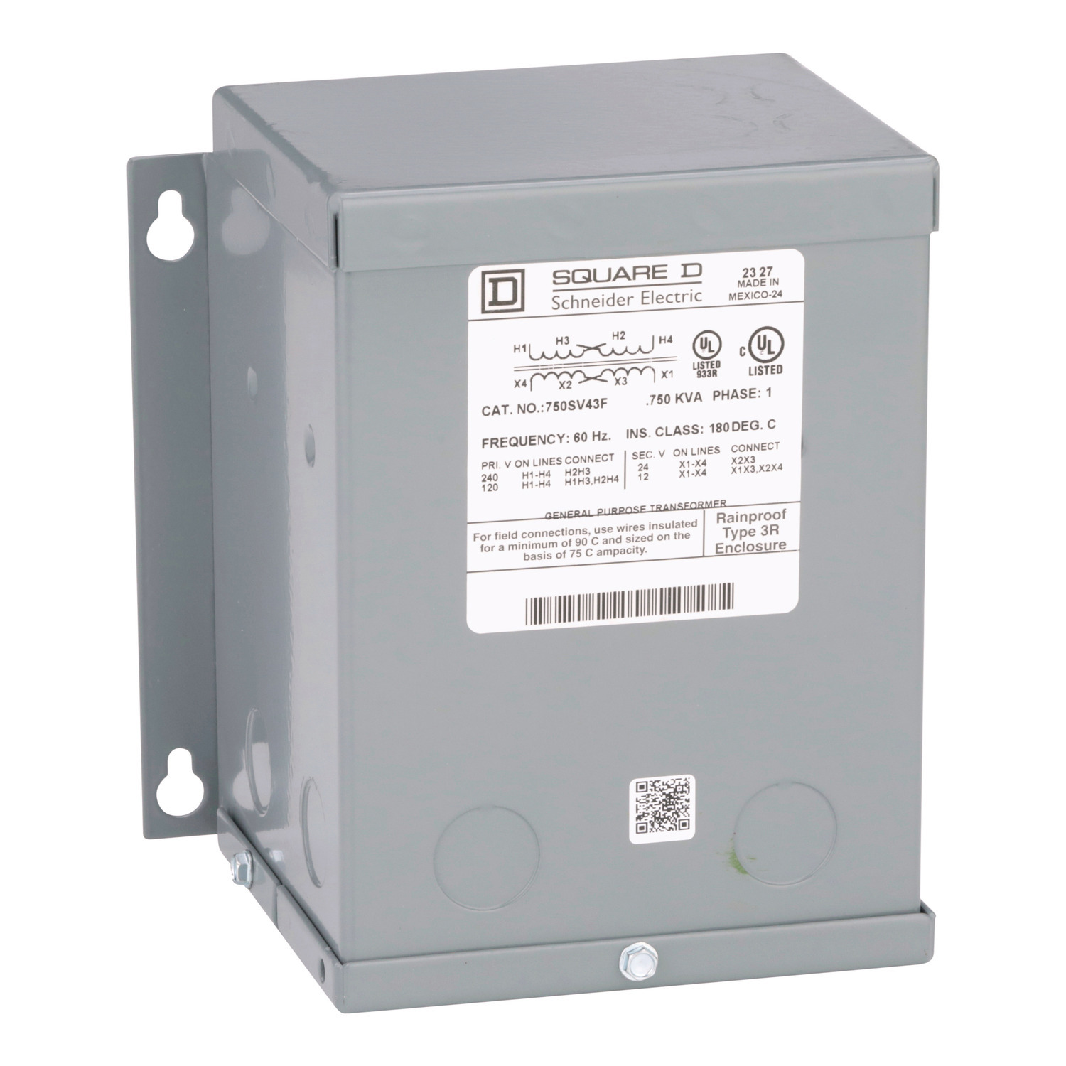 750SV43F Dry Buck And Boost Transformer, 120/240 V AC Primary, 12/24 VAC Secondary, 0.75 kVA Power Rating, 60 Hz, 1 Phase