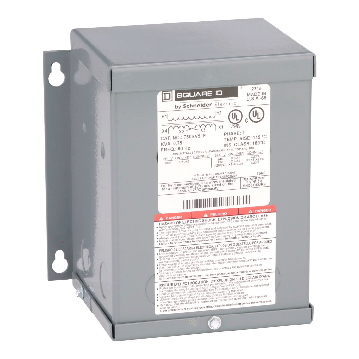 750SV51F Dry Sealed Low Voltage Transformer, 600 V AC Primary, 120/240 VAC Secondary, 0.75 kVA, 60 Hz, 1 Phase
