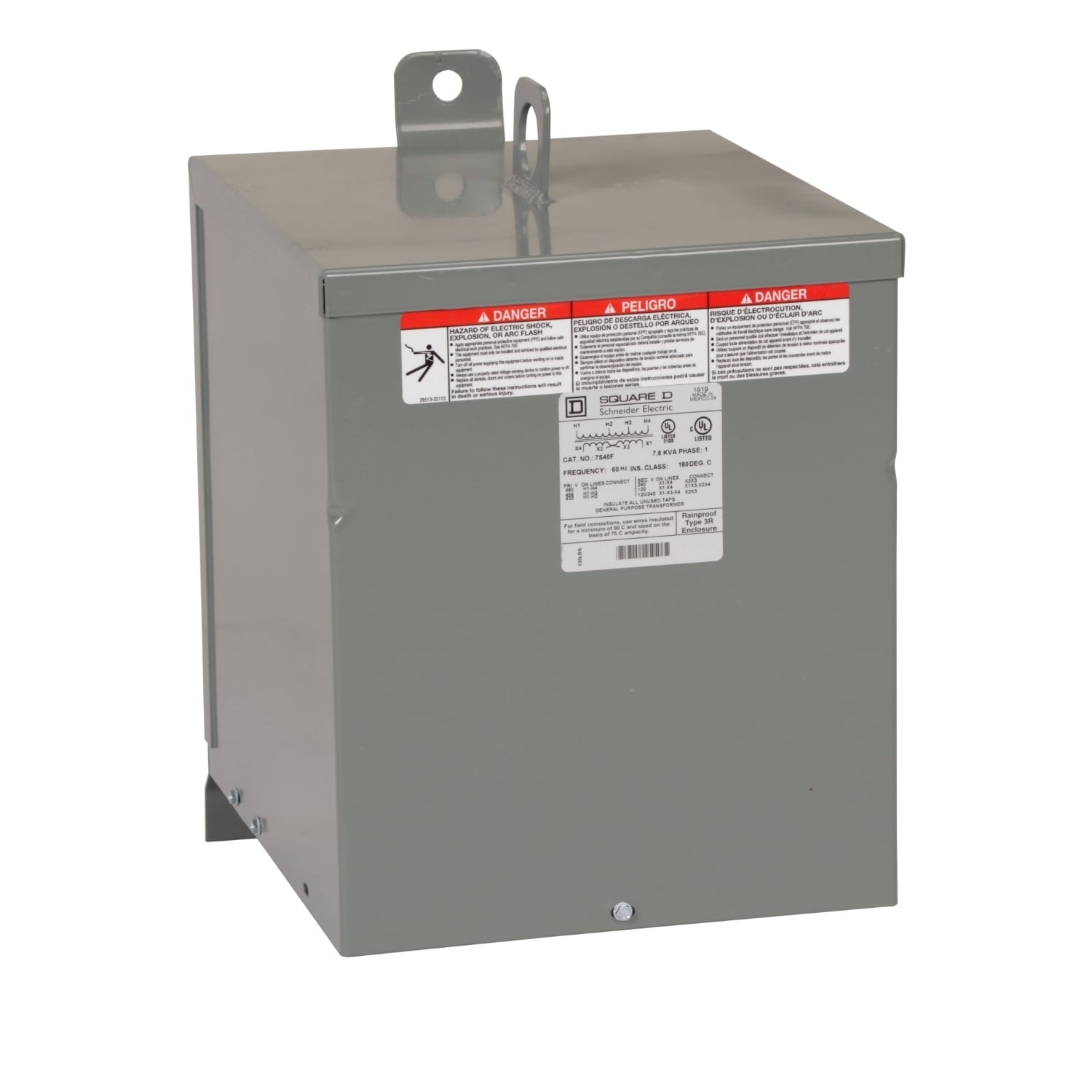 7S40F Dry Sealed Low Voltage Transformer, 240/480 V AC Primary, 120/240 VAC Secondary, 7.5 kVA Power Rating, 60 Hz, 1 Phase