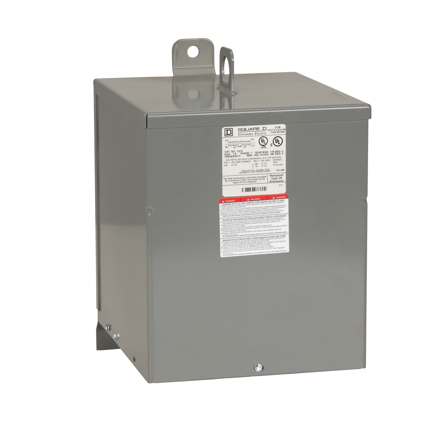 7S7F Dry Sealed Low Voltage Transformer, 208 V AC Primary, 120/240 VAC Secondary, 7.5 kVA, 60 Hz, 1 Phase