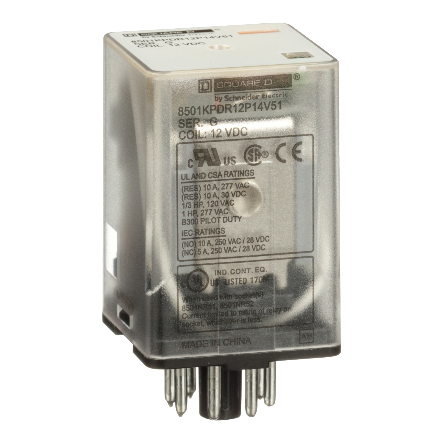 8501KPDR12P14V51 Type K Universal Plug-In Relay, 10 A, 8 Pin, 2CO 2 Form C DPDT Contact, 300 V AC/30 V DC V Coil