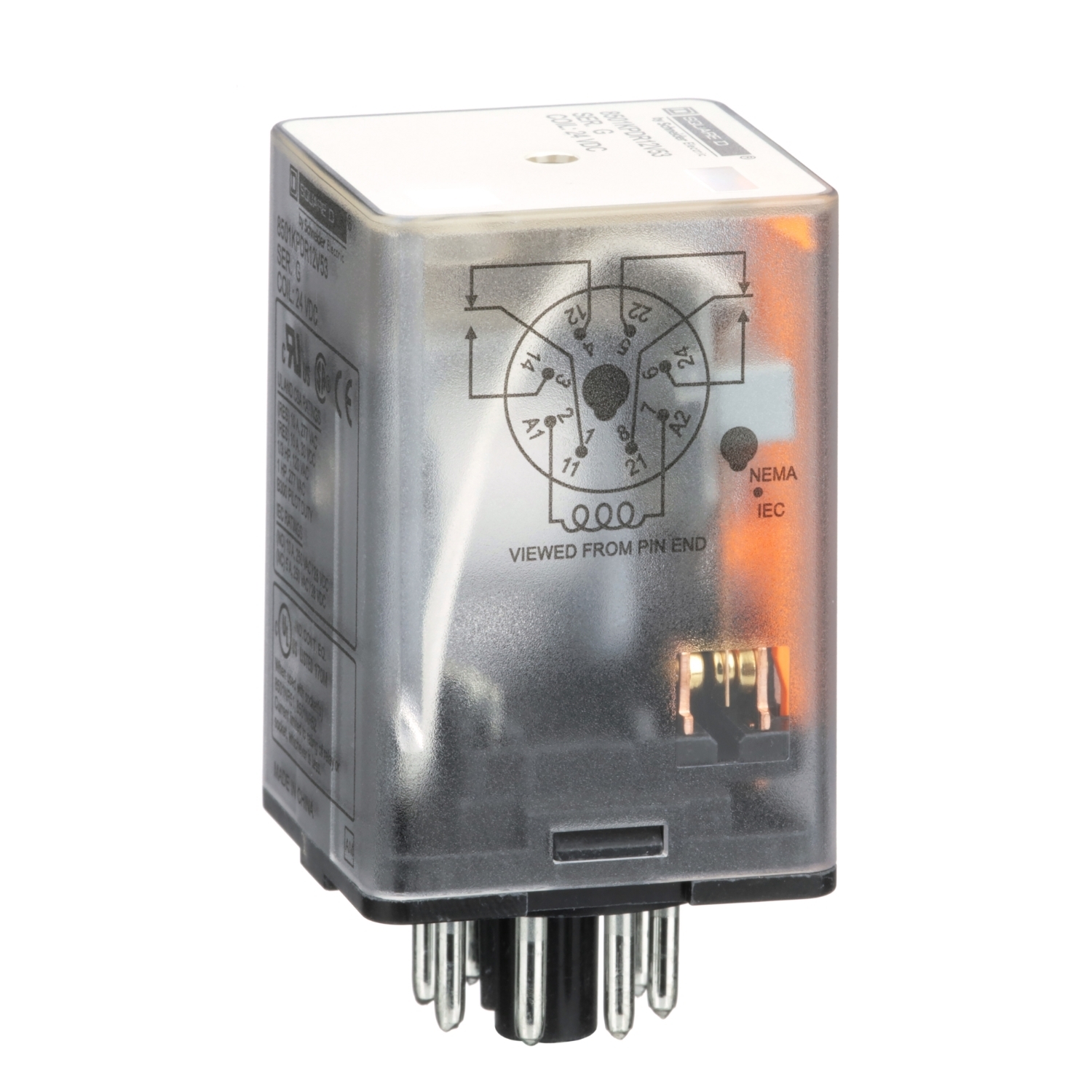 8501KPDR12V53 Type KP Cylindrical Pin Plug-In Relay, 10 A, 2 Form C DPDT Contact, 300 V AC, 30 V DC V Coil