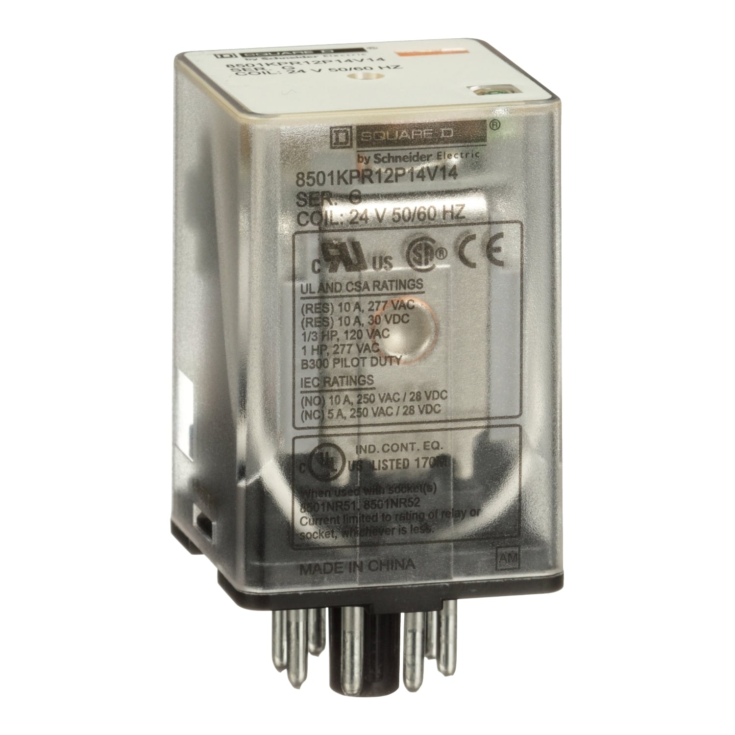 8501KPR12P14V14 Type K General Purpose Relay With LED and Standard Cover, 10 A, 8 Pin, 2CO 2 Form C DPDT Contact, 300 V AC/30 V DC V Coil