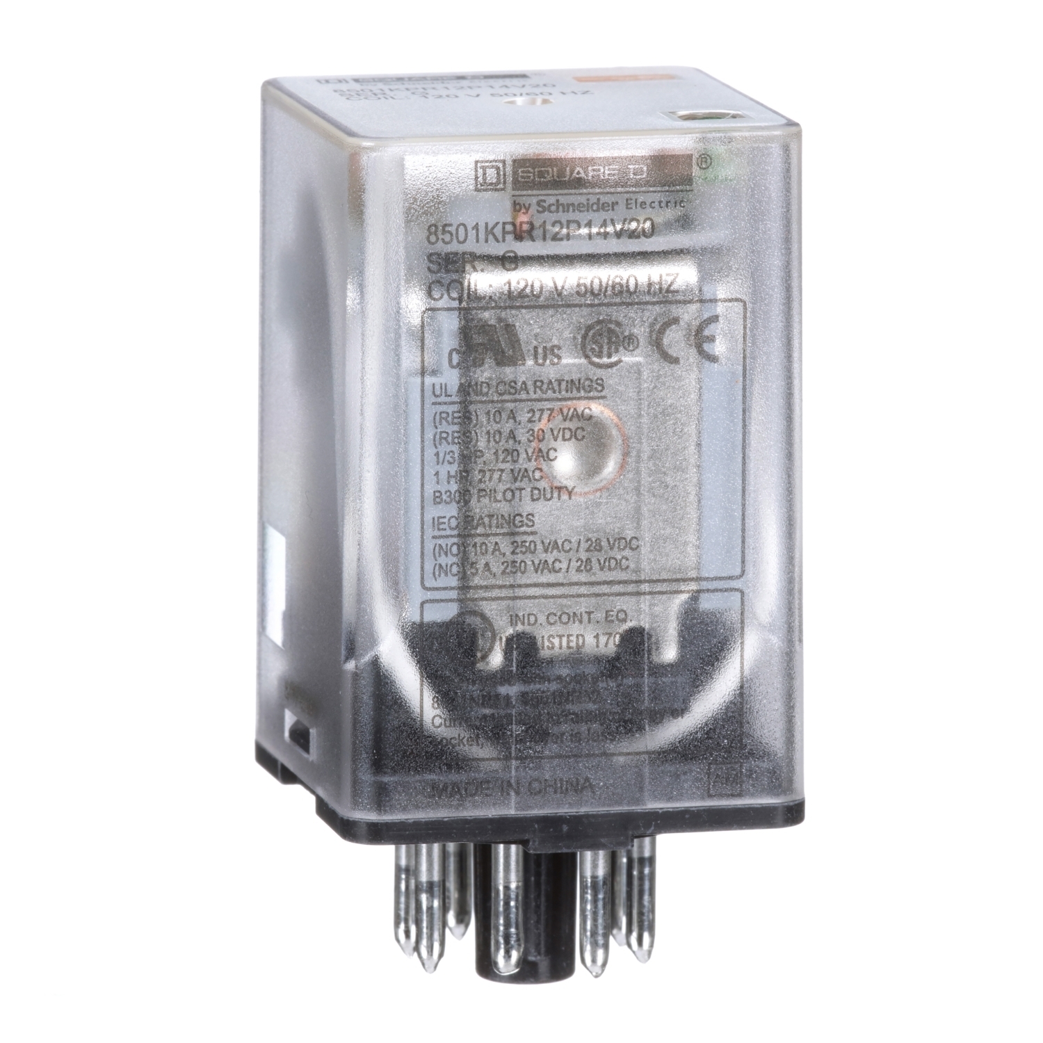 8501KPR12P14V20 Type KP Plug-In Relay With LED, Standard Cover, 10 A, 8 Pin, 2CO 2 Form C DPDT Contact, 300 V AC, 30 V DC V Coil