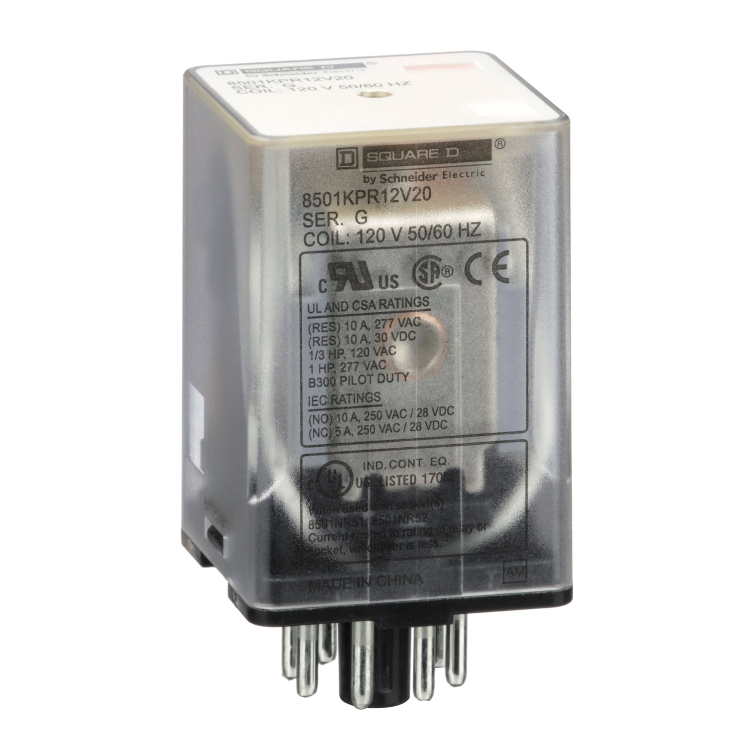 8501KPR12V20 Type KP Plug-In Relay With Standard Cover, 10 A, 8 Pin, 2CO 2 Form C DPDT Contact, 300 V AC, 30 V DC V Coil