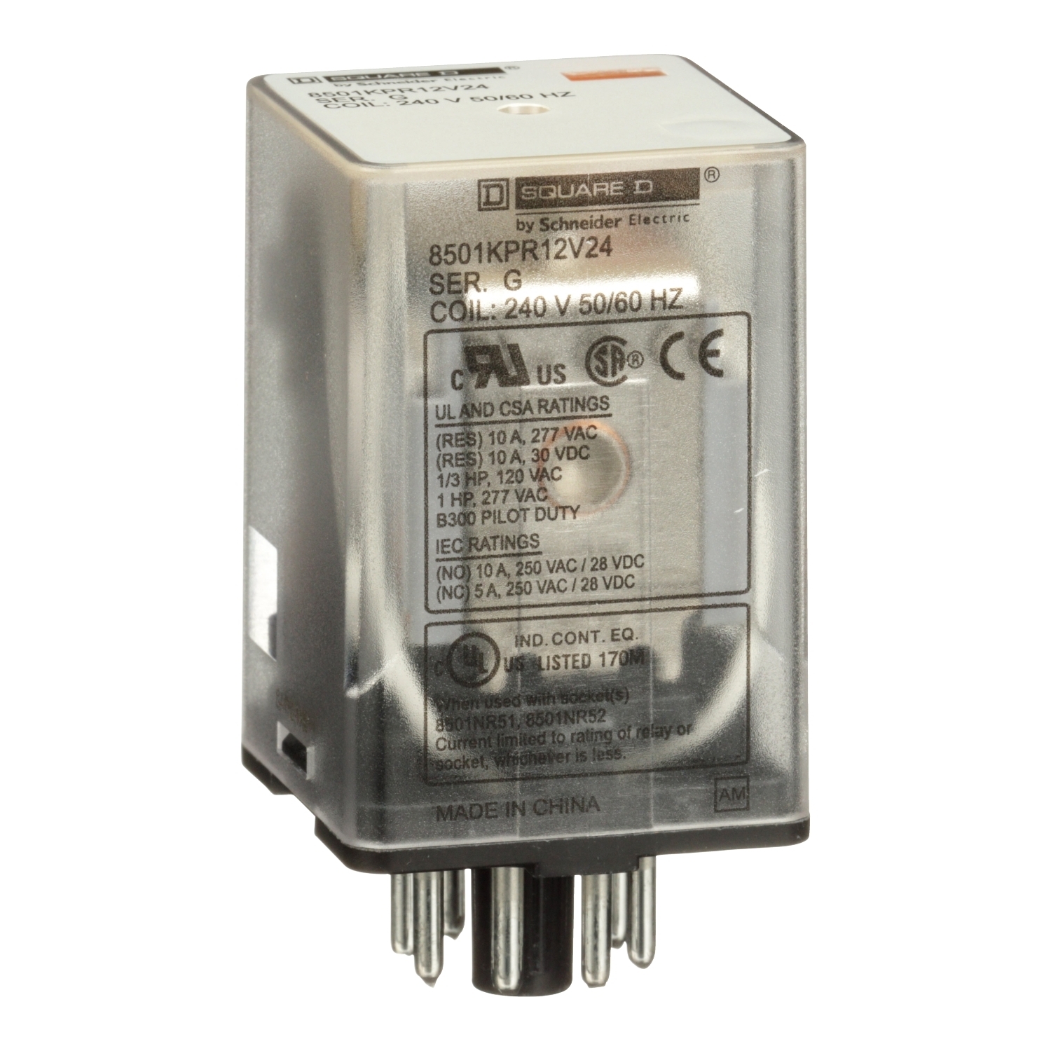 8501KPR12V24 Type KP Plug-In Relay With Standard Cover, 10 A, 8 Pin, 2CO 2 Form C DPDT Contact, 300 V AC, 30 V DC V Coil