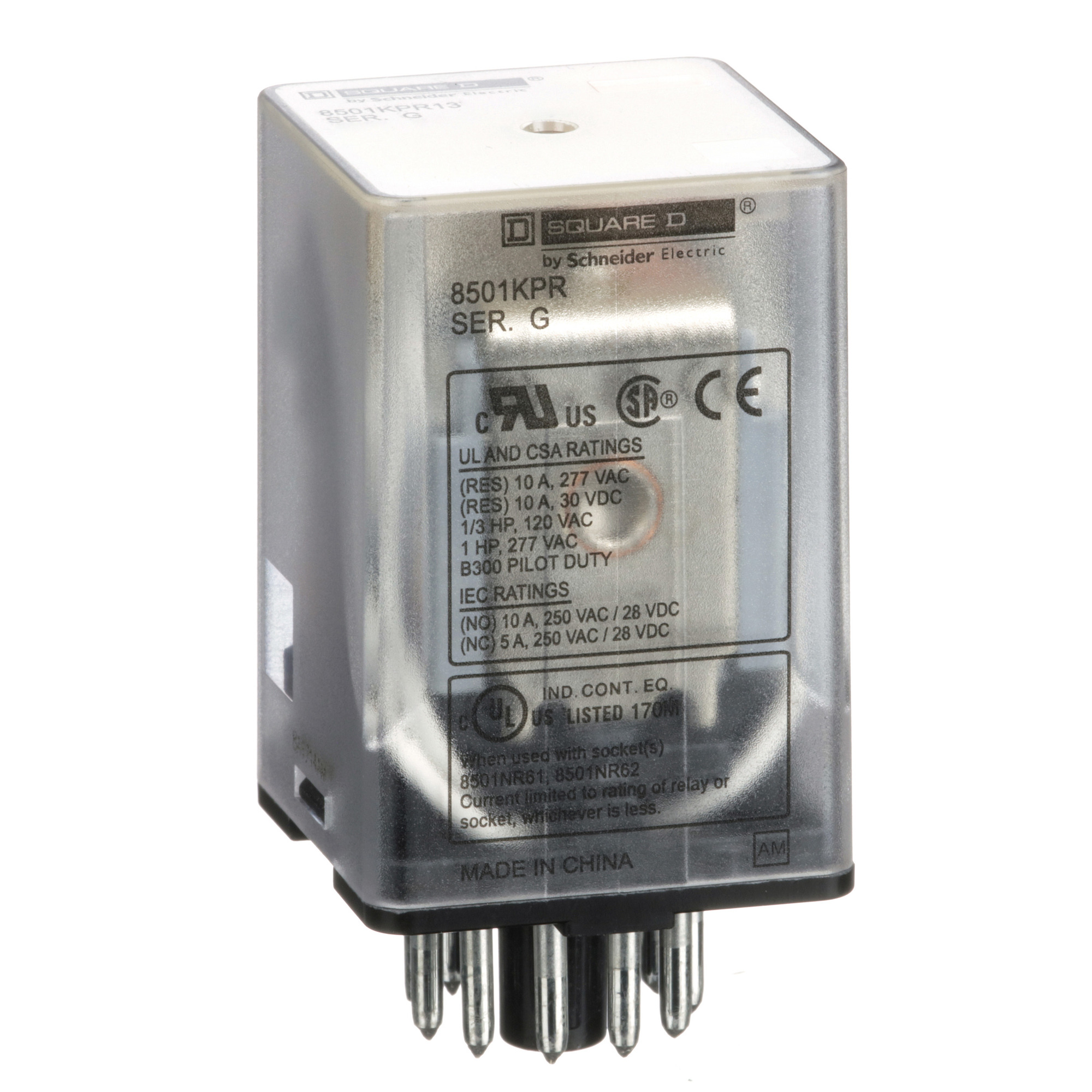 8501KPR13V24 Type K General Purpose Relay With Standard Cover, 10 A, 11 Pin, 3CO 3 Form C 3PDT Contact, 300 V AC/30 V DC V Coil