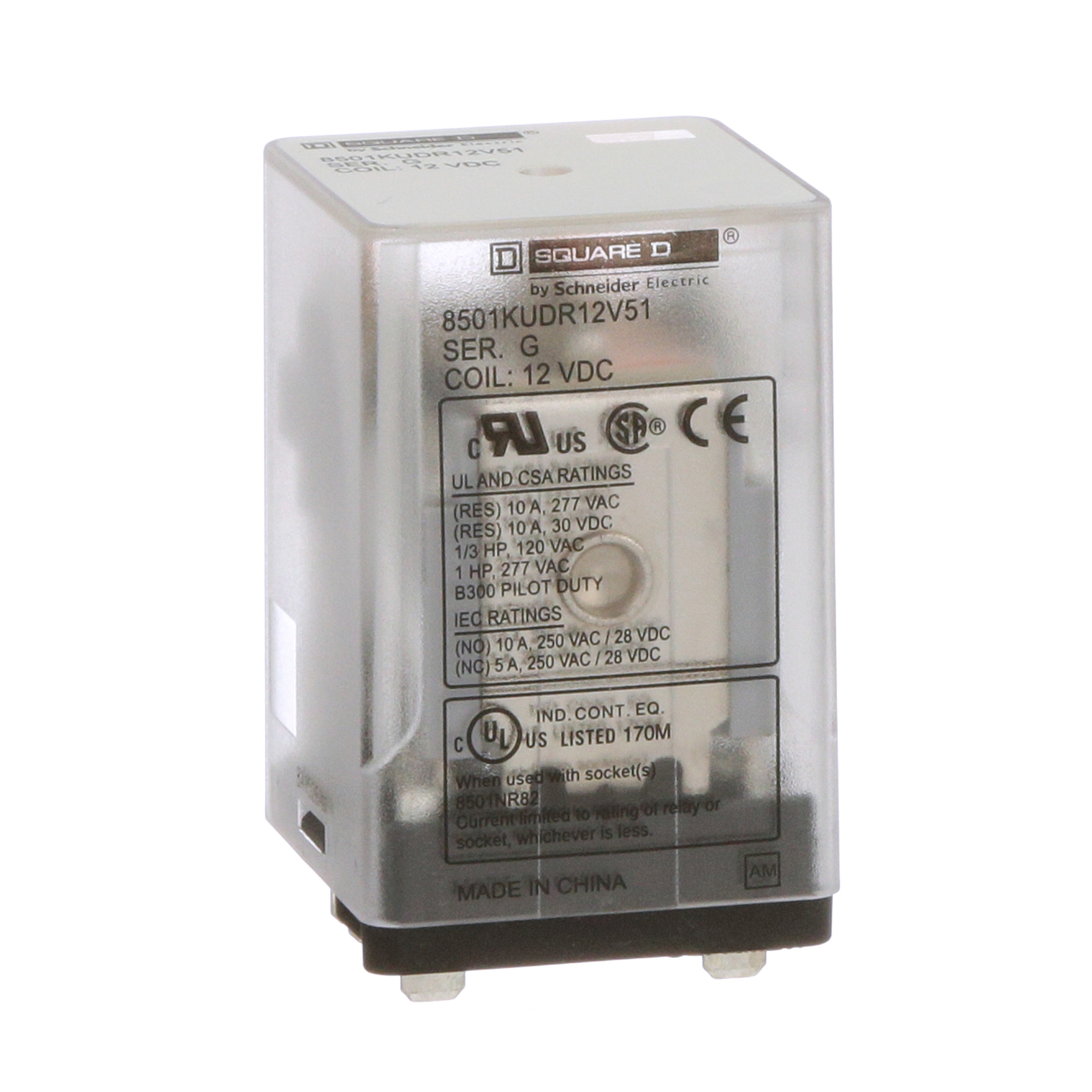 8501KUDR12V51 Type K Universal Plug-In Relay, 10 A, 8 Pin, 2CO 2 Form C DPDT Contact, 300 V AC/30 V DC V Coil