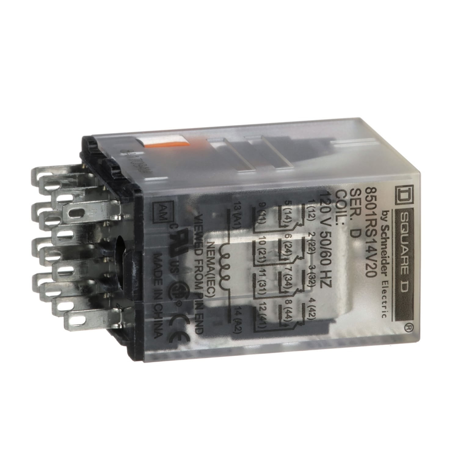 8501RS14V20 Type R Low Voltage Miniature Plug-In Relay, 5 A, 14 Pin, 4 Form C 4PDT Contact, 300 V AC, 30 V DC V Coil