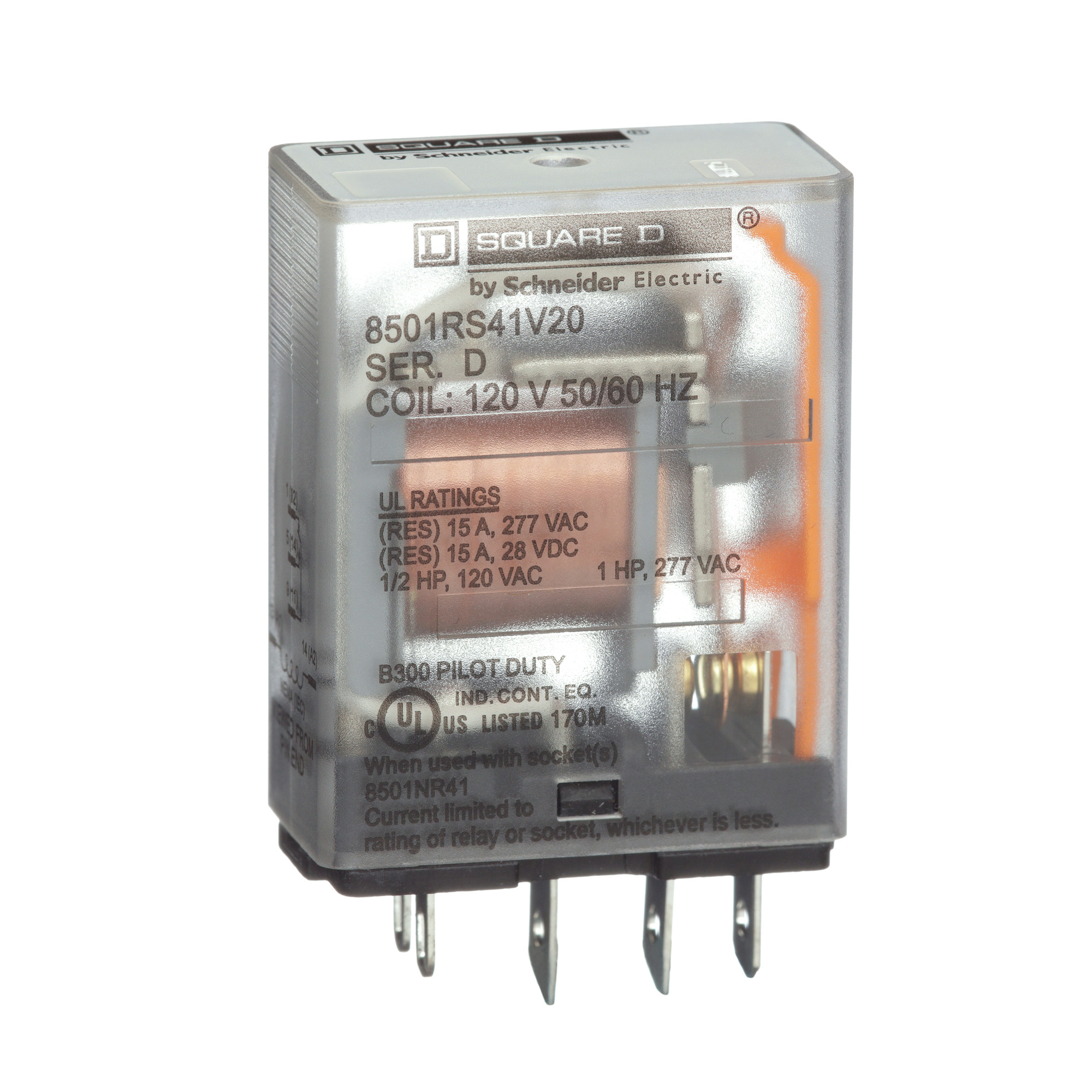8501RS41M1P14V20 Type R Standard Miniature Plug-In Relay Standard, 10 A, SPDT (1C/O) Contact, 120 V AC V Coil