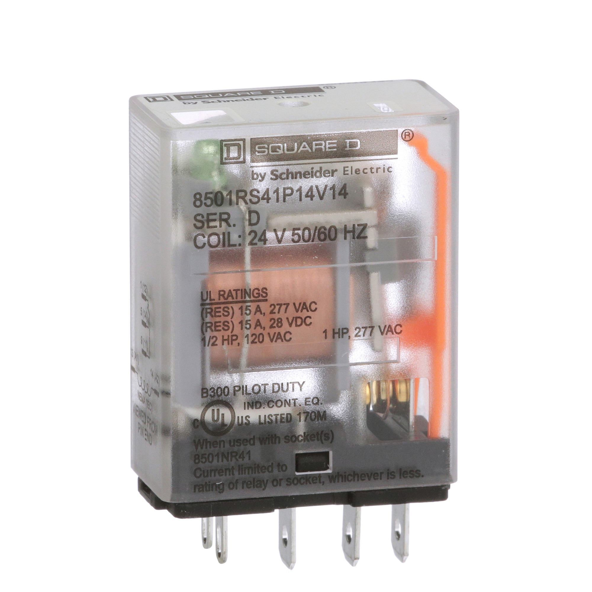 8501RS41P14V14 Type R Plug-In Relay, 10 A, 1CO 1 Form C SPDT Contact, 24 V AC V Coil