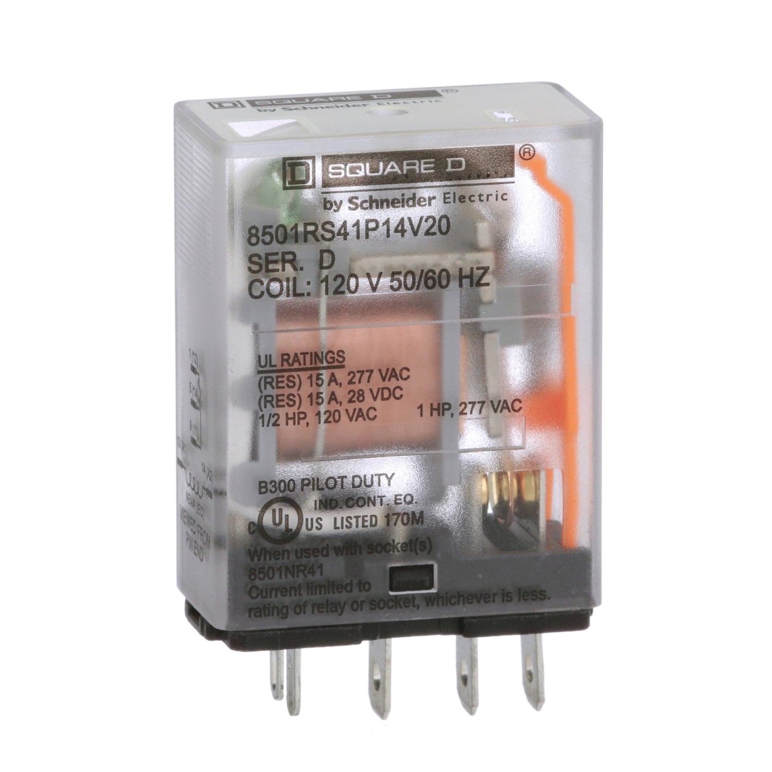 8501RS41P14V20 Type R Standard Miniature Plug-In Relay, 10 A, 1CO 1 Form C SPDT Contact, 300 V AC/30 V DC V Coil