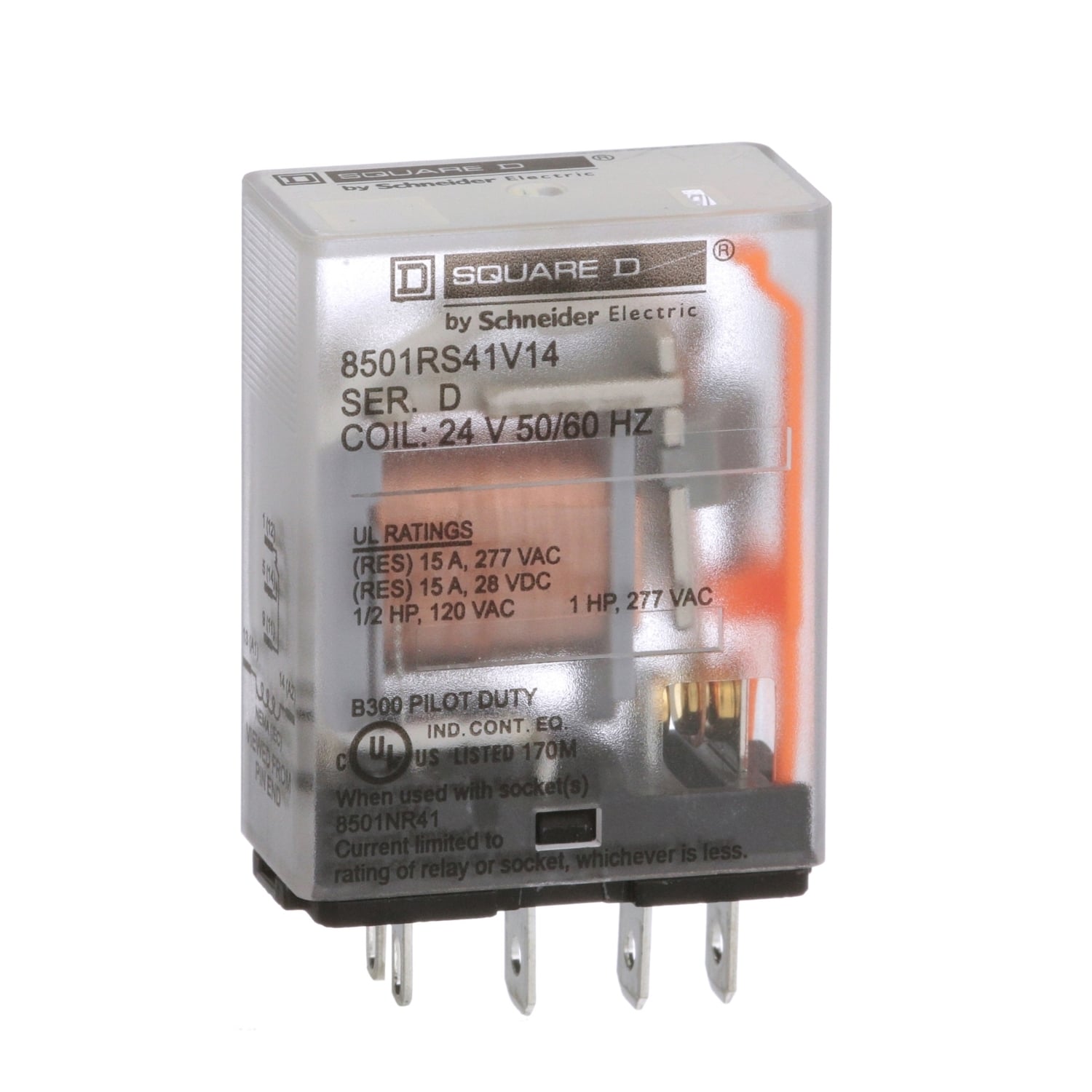 8501RS41V14 Type R Standard Miniature Plug-In Relay, 10 to 15 A, 5 Pin, 1 Form C SPDT Contact, 300 V AC, 30 V DC V Coil