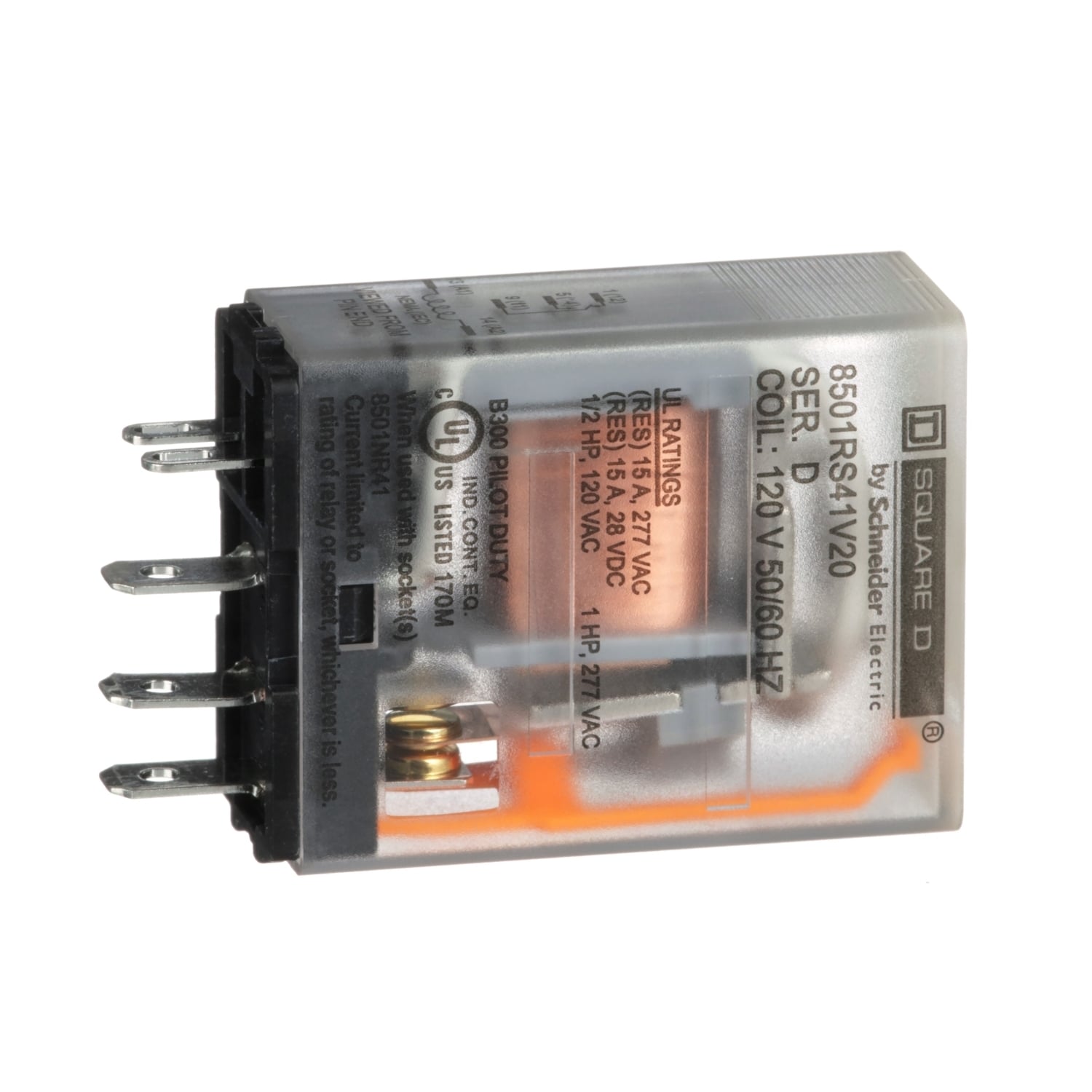 8501RS41V20 8501R Plug-In Relay, 10 to 15 A, 1 Form C SPDT Contact, 300 V AC, 30 V DC V Coil