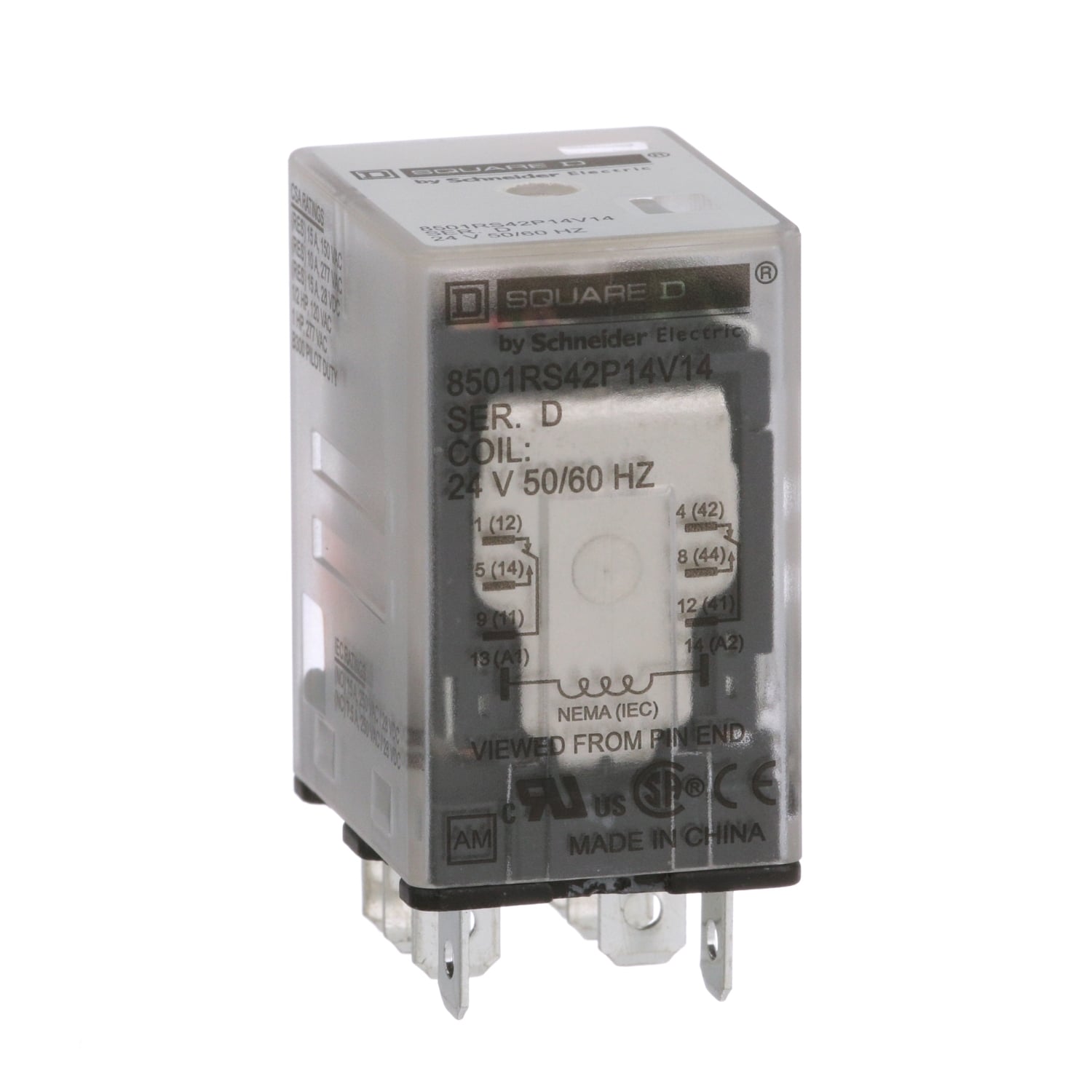 8501RS42P14V14 Type R Standard Miniature Plug-In Relay With Standard Cover, 10 A, 2CO 2 Form C DPDT Contact, 300 V AC, 30 V DC V Coil