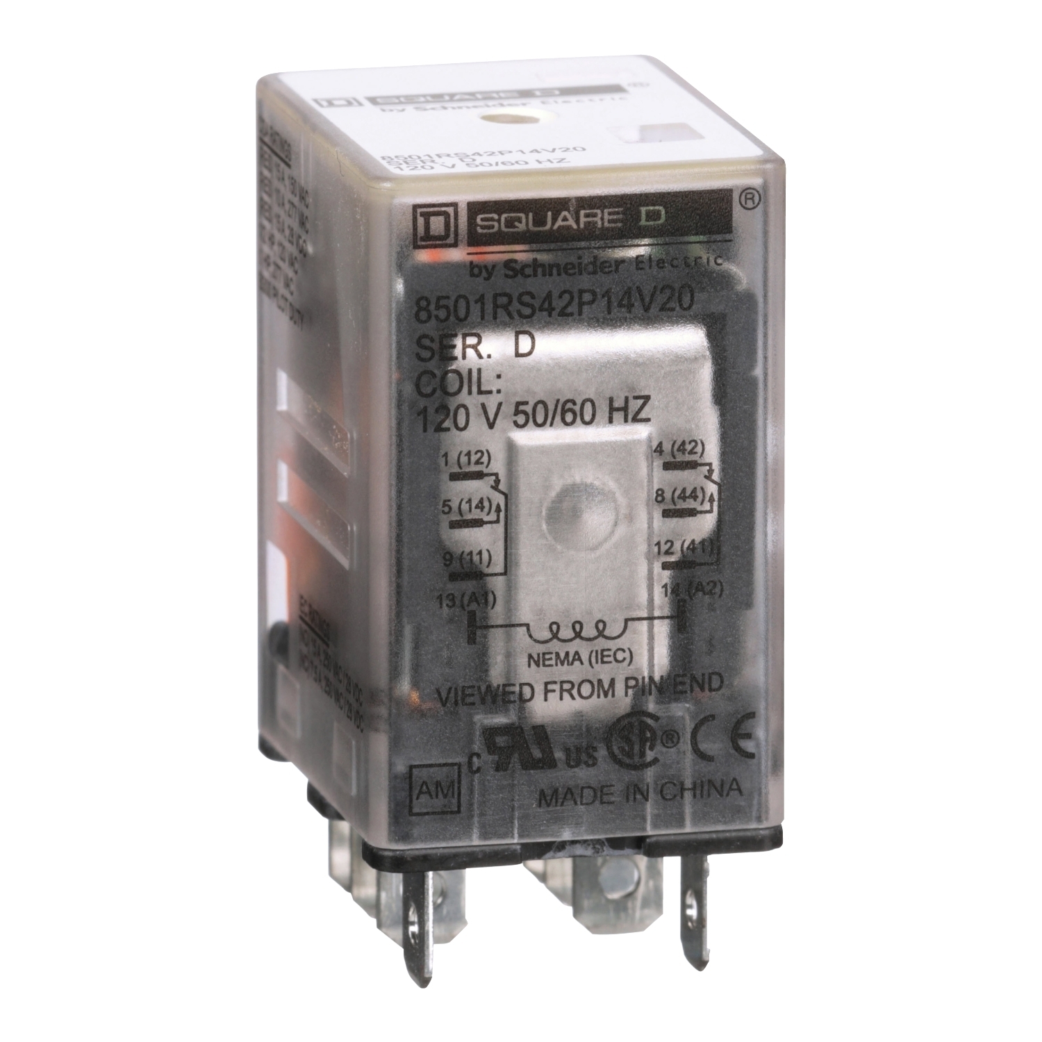 8501RS42P14V20 Type R Standard Miniature Plug-In Relay, 10 A, 8 Pin, 2 Form C DPDT Contact, 300 V AC, 30 V DC V Coil