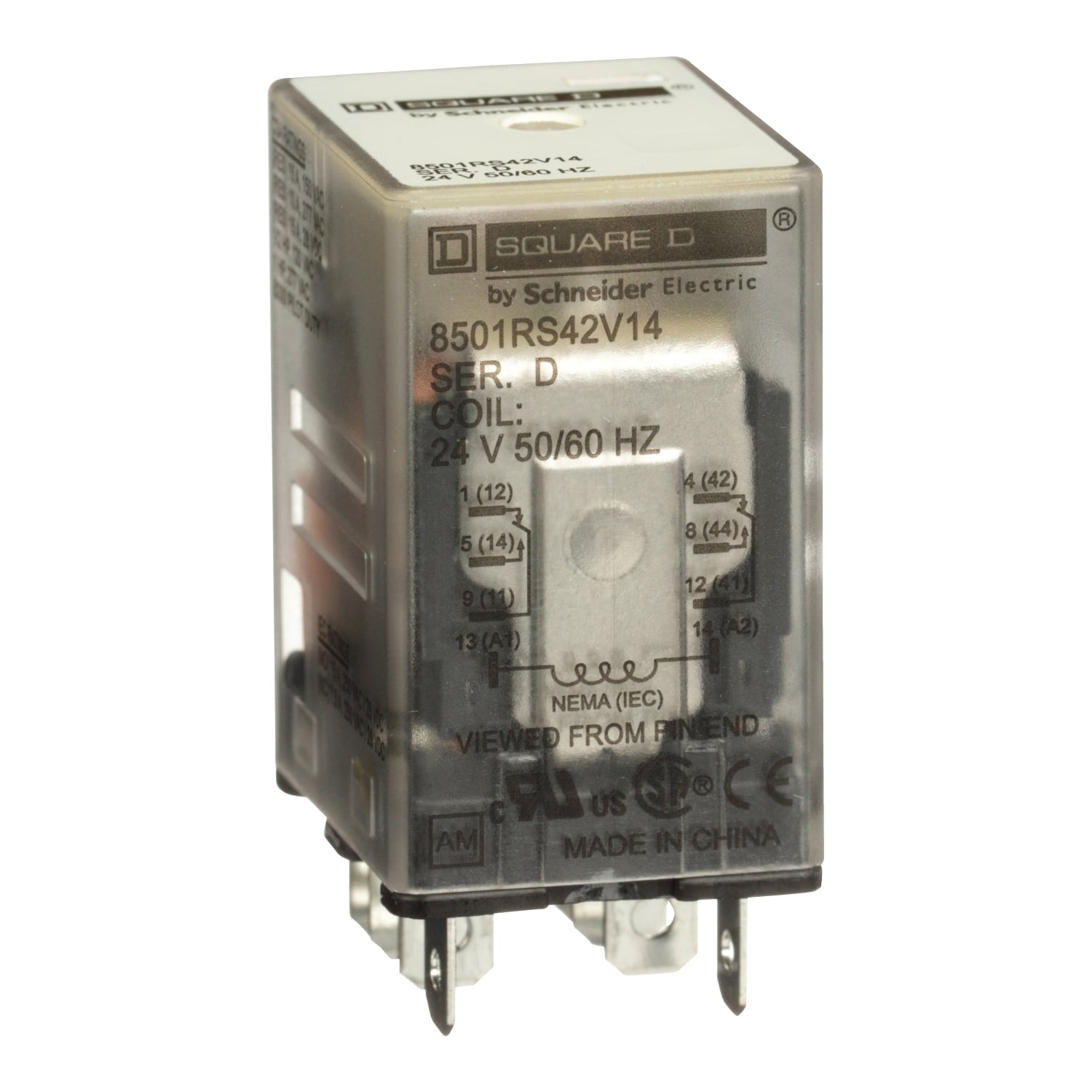 8501RS42V14 Type R Standard Miniature Plug-In Relay, 10 A, 8 Pin, 2 Form C DPDT Contact, 300 V AC, 30 V DC V Coil