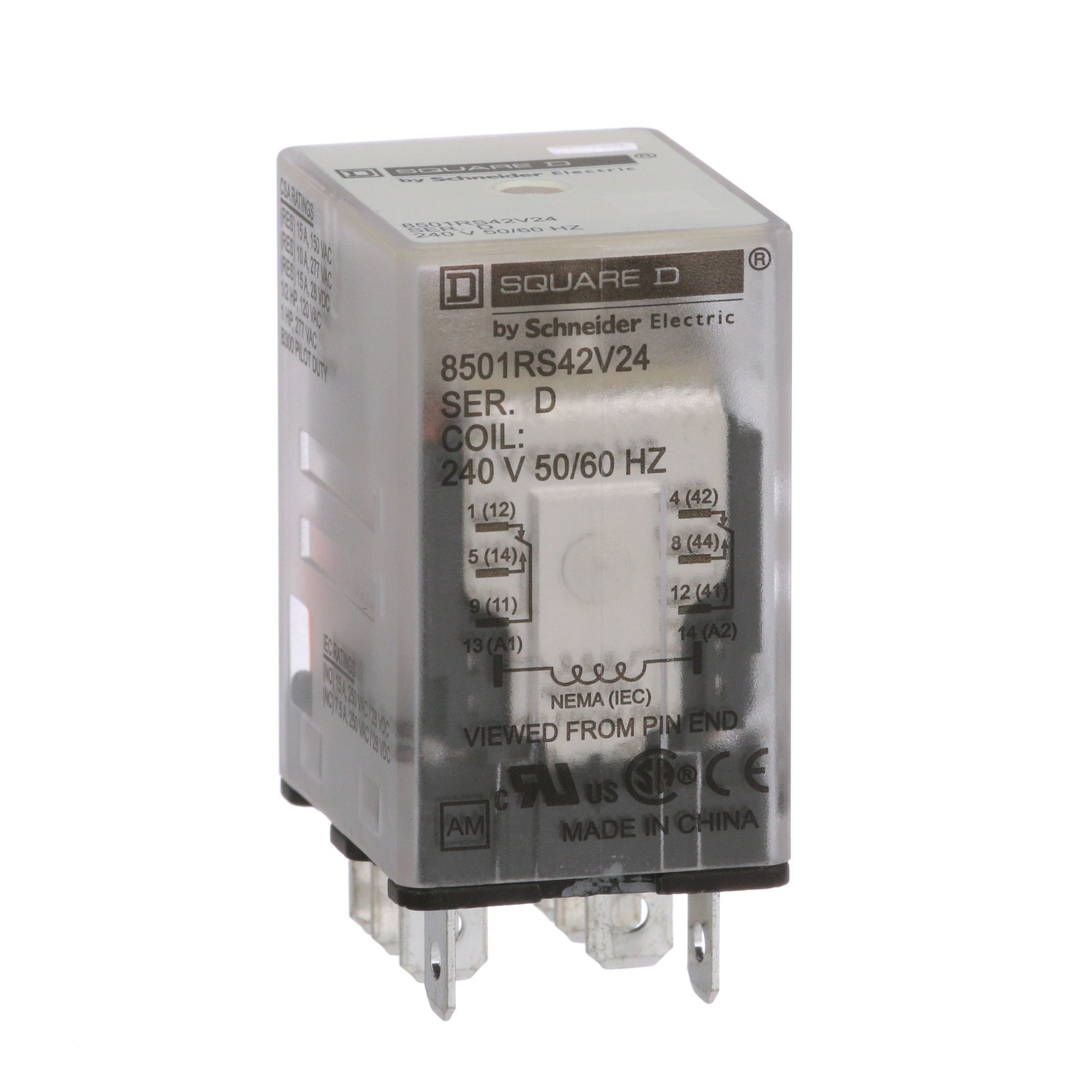 8501RS42V24 Type R Miniature Relay With Standard Cover, 10 A, 2NO-2NC 2 Form C DPDT Contact, 240 V AC V Coil