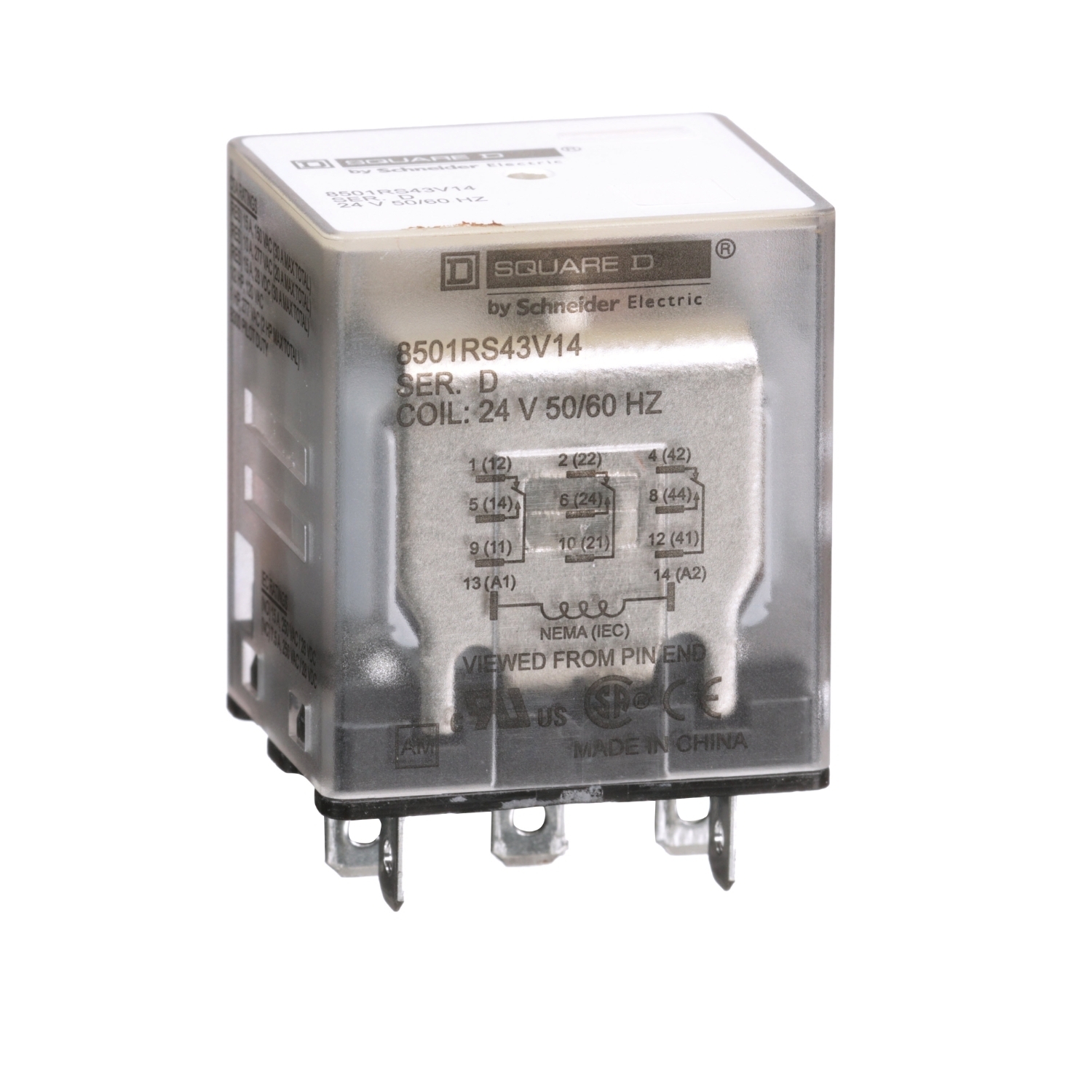 8501RS43V14 Type R Standard Miniature Plug-In Relay With Standard Cover, 12 A, 3 Form C 3PDT Contact, 300 V AC, 30 V DC V Coil