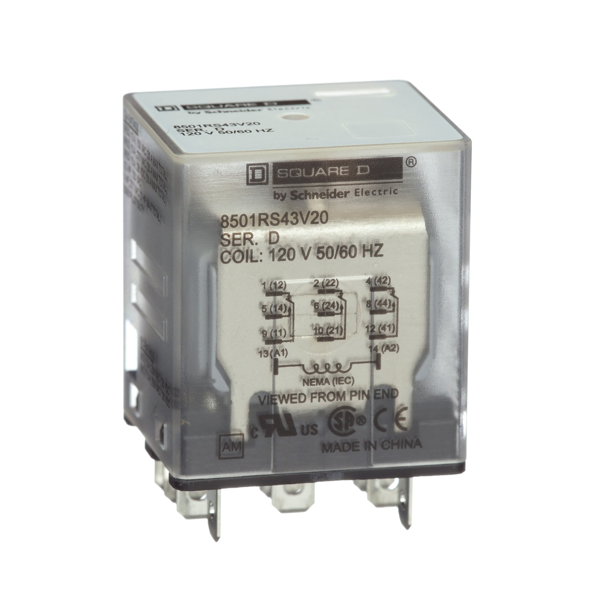 8501RS43V20 Type R Standard Miniature Plug-In Relay With Standard Cover, 12 A, 3 Form C 3PDT Contact, 300 V AC, 30 V DC V Coil