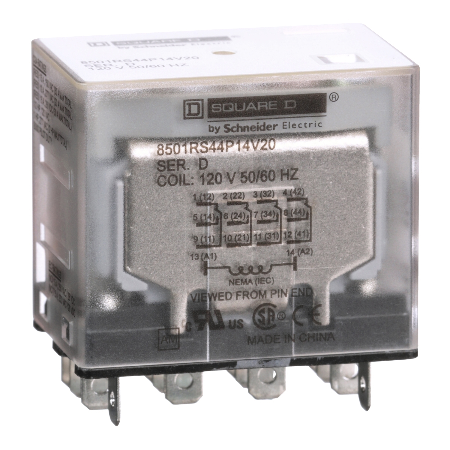 8501RS44P14V20 Type R Standard Miniature Plug-In Relay With Standard Cover, 12 A, 14 Pin, 4 Form C 4PDT Contact, 300 V AC, 30 V DC V Coil