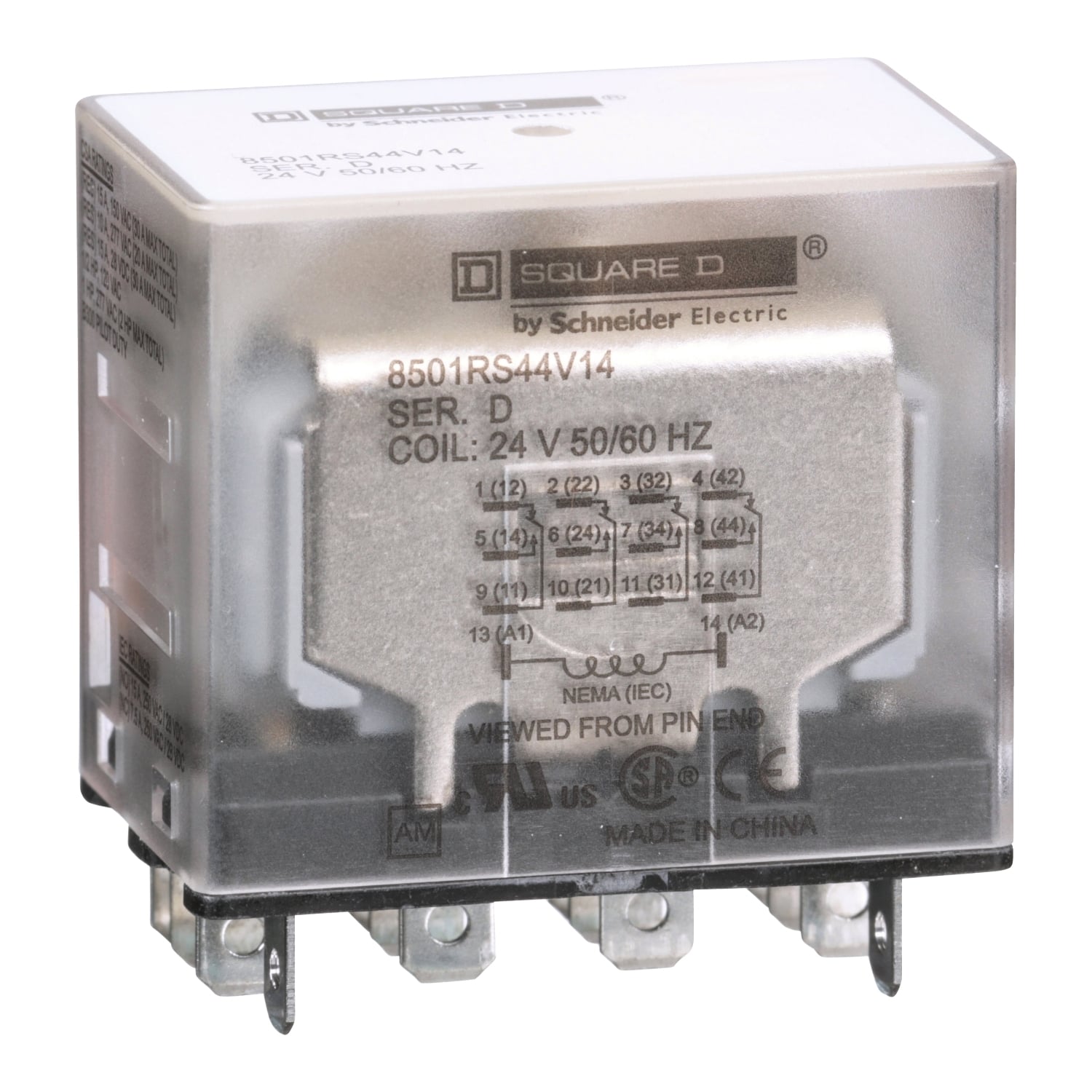8501RS44V14 Type R Standard Miniature Plug-In Relay With Standard Cover, 12 A, 14 Pin, 4CO 4 Form C 4PDT Contact, 300 V AC, 30 V DC V Coil