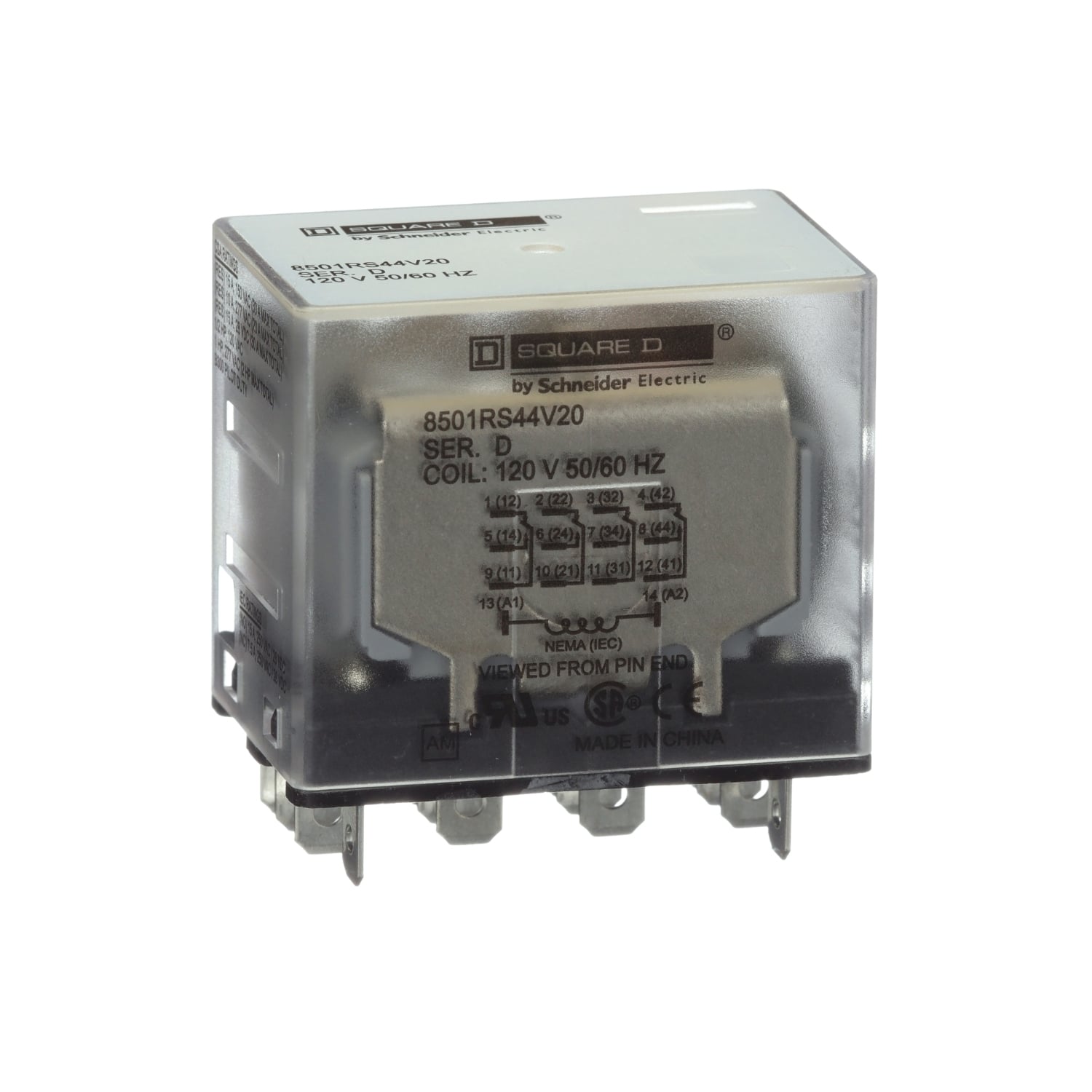 8501RS44V20 Type R Standard Miniature Plug-In Relay With Standard Cover, 12 A, 14 Pin, 4 Form C 4PDT Contact, 300 V AC, 30 V DC V Coil