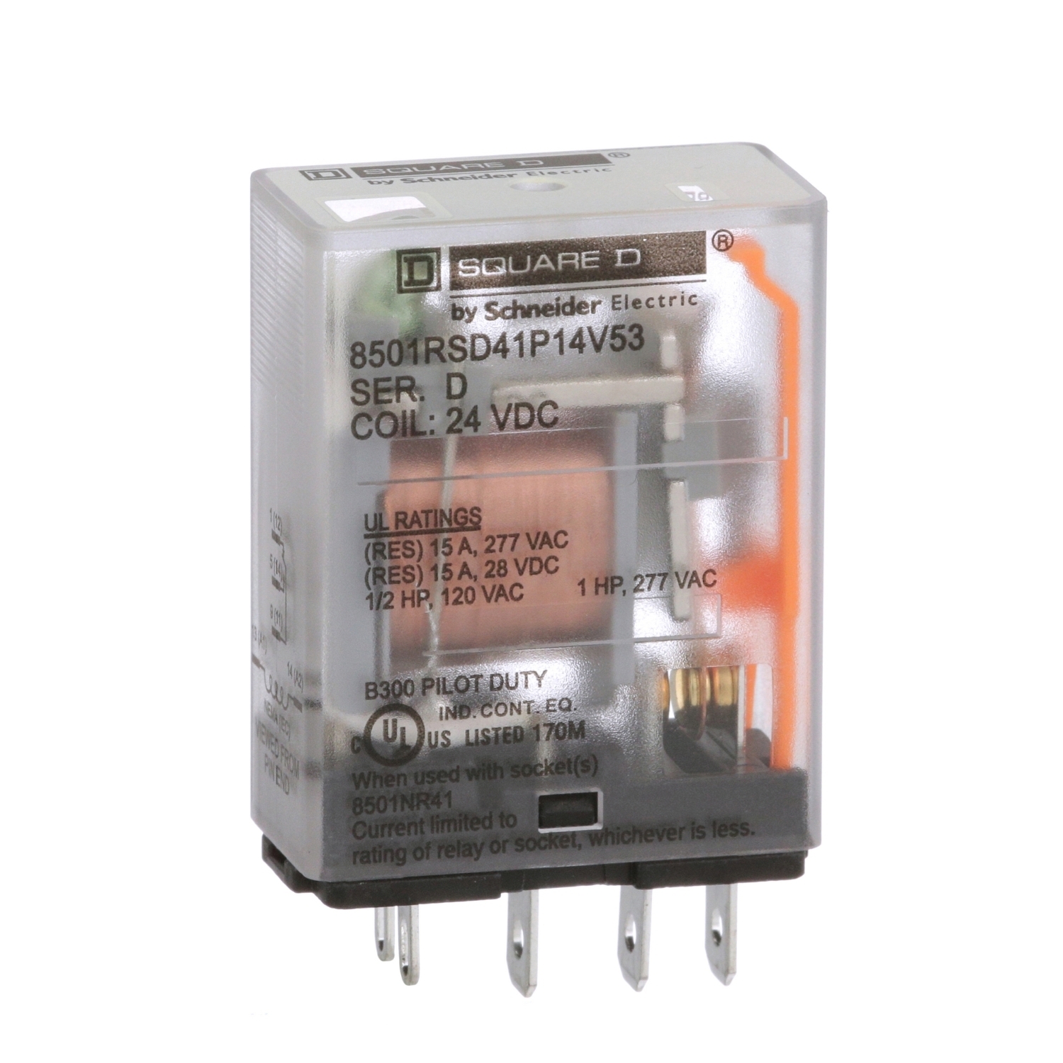 8501RSD41P14V53 Type R Standard Miniature Plug-In Relay, 15 A, 1CO 1 Form C SPDT Contact, 300 V AC/30 V DC V Coil