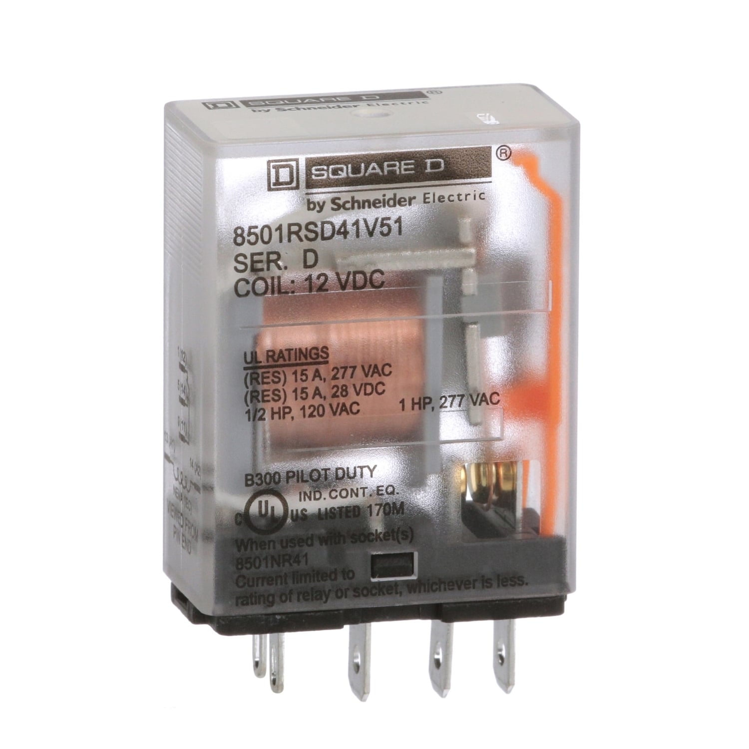 8501RSD41V51 Miniature Standard General Purpose Relay, 15 A, 5 Pin, 1 Form C SPDT Contact, 300 V AC/30 V DC V Coil