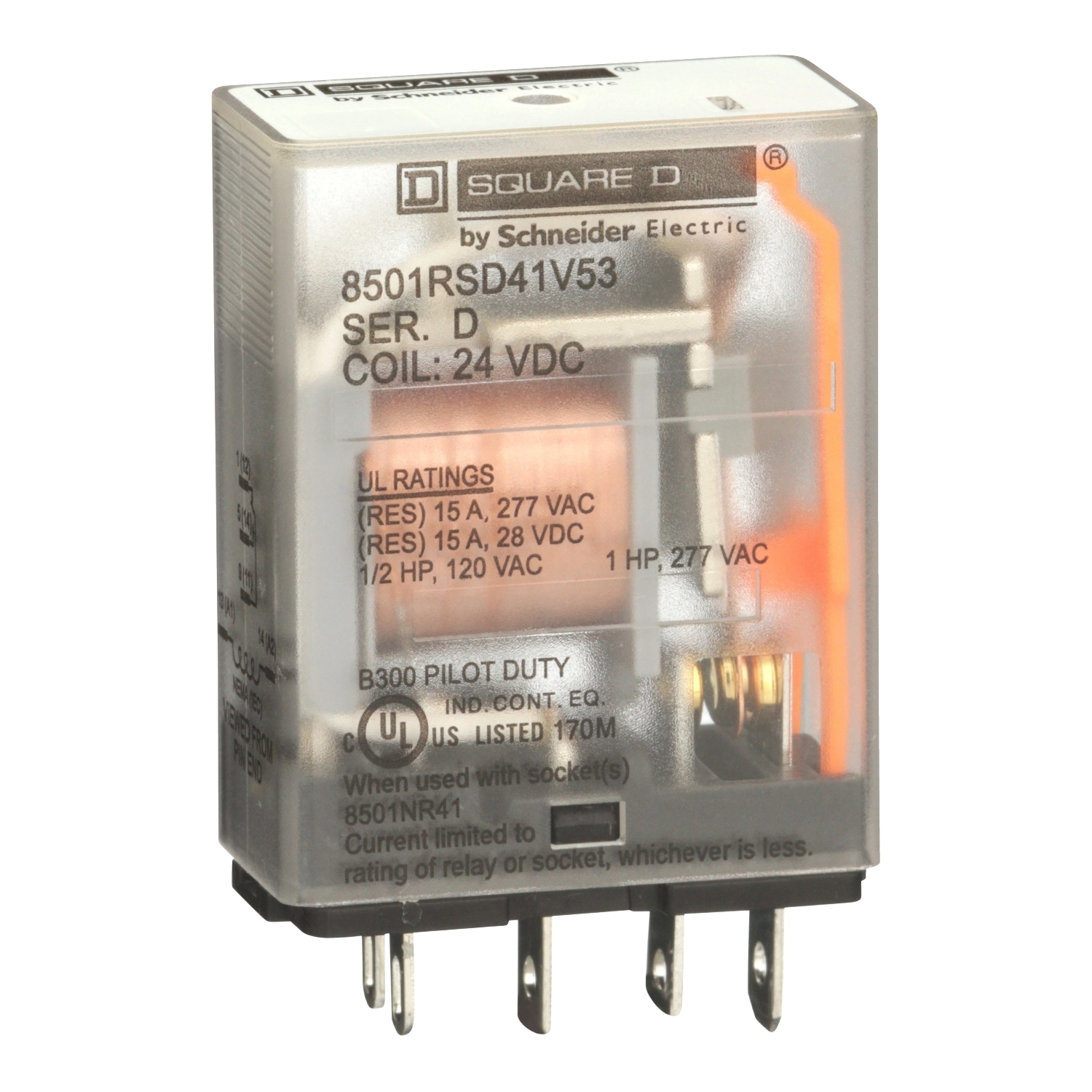 8501RSD41V53 Type R Standard Miniature Plug-In Relay, 15 A, 5 Pin, 1 Form C SPDT Contact, 300 V AC, 30 V DC V Coil
