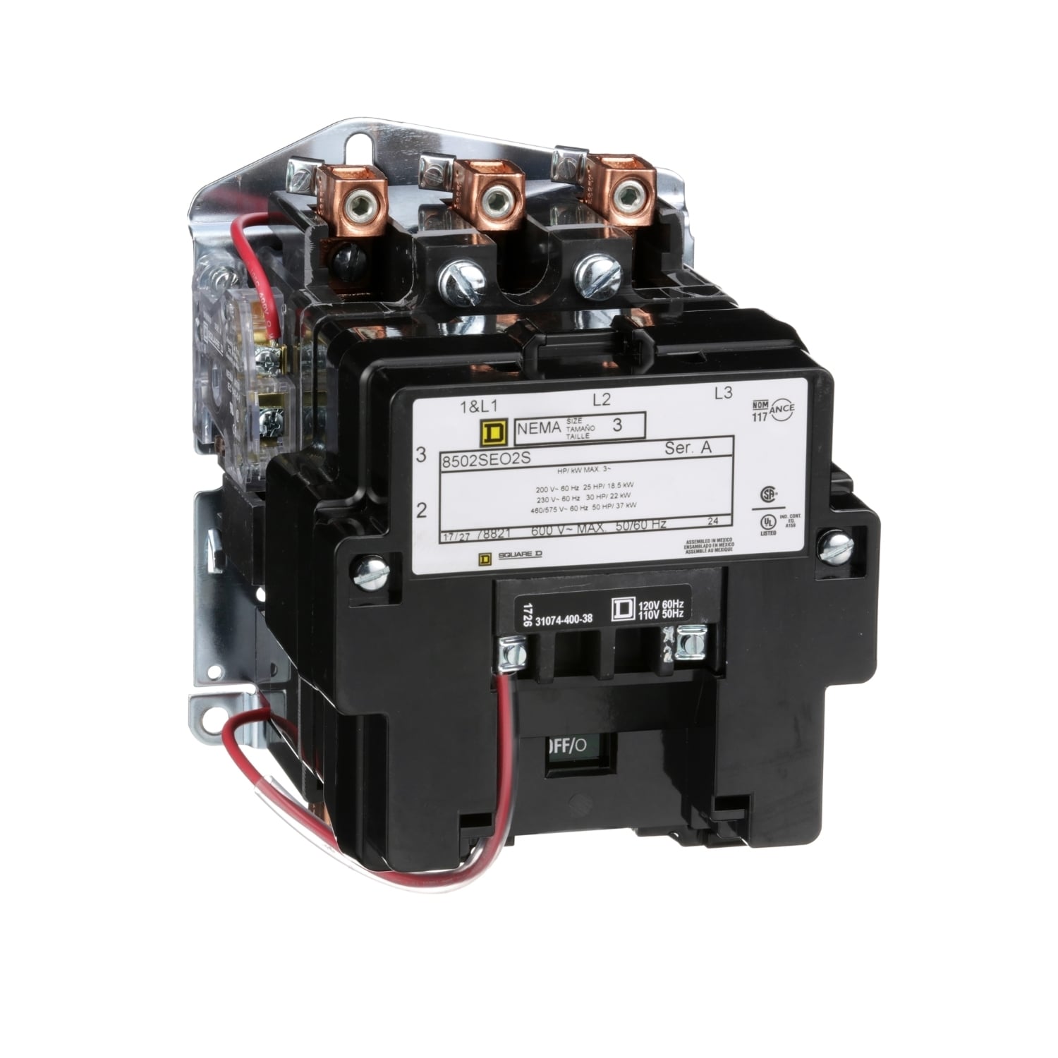8502SEO2V08 3-Phase Type S NEMA Contactor, 208 VAC V Coil, 90 A, 3 Poles