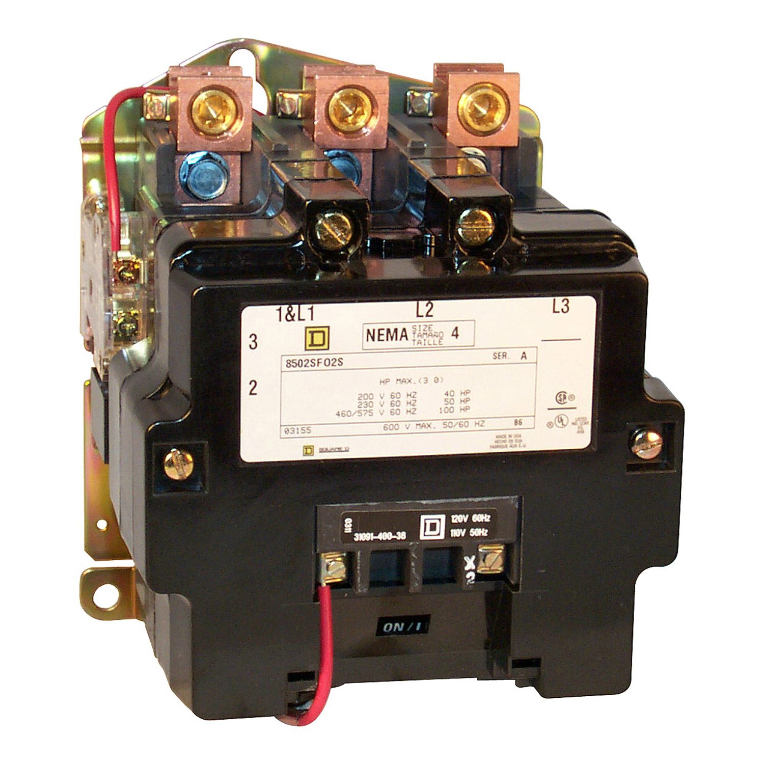 8502SFO1V02S 1-Phase Type S Non-Reversing NEMA Contactor, 110/120 V AC V Coil, 135 A, 2 Poles